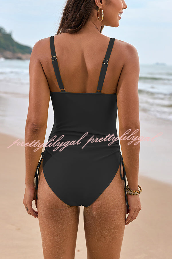 Solid Color Drawstring Waist Mesh One Piece Swimsuit for Women - Comfortable Bathing Suit for Beach, Pool & Summer Vacation