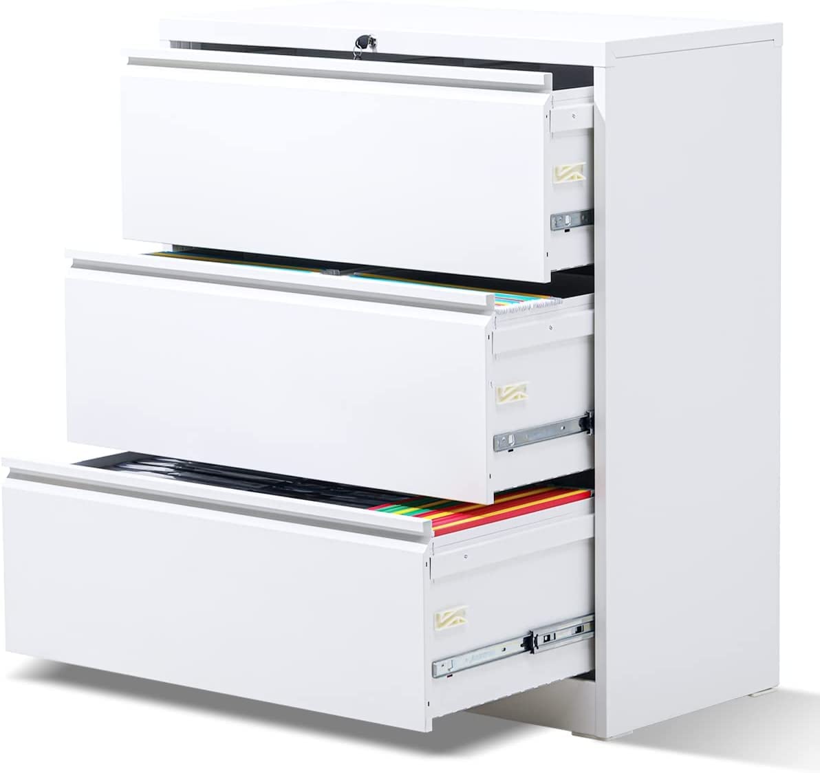 3 Drawer Lateral File Cabinet with Lock - Metal Stainless Steel Office Organizer for Legal/Letter/A4 Documents - Secure Storage Cabinet for Home & Office Organization - White