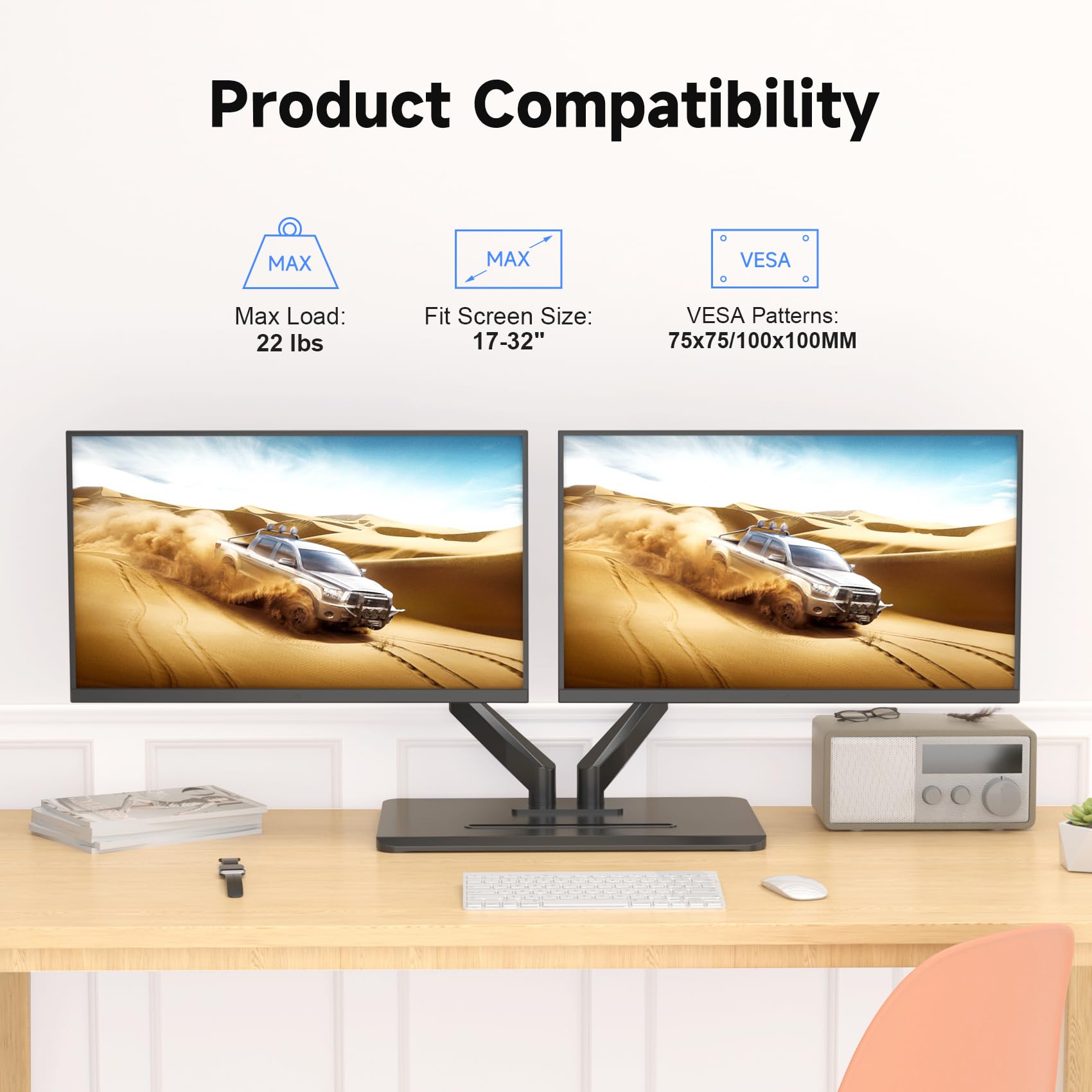 Suptek Dual Monitor Stand with Gas Spring Arm - Adjustable Free Standing Desk Mount for 17-32 Inch Screens (Up to 22 lbs) - Black (ML8SP) - Perfect for Home Office, Gaming Setup & Workspace Ergonomics
