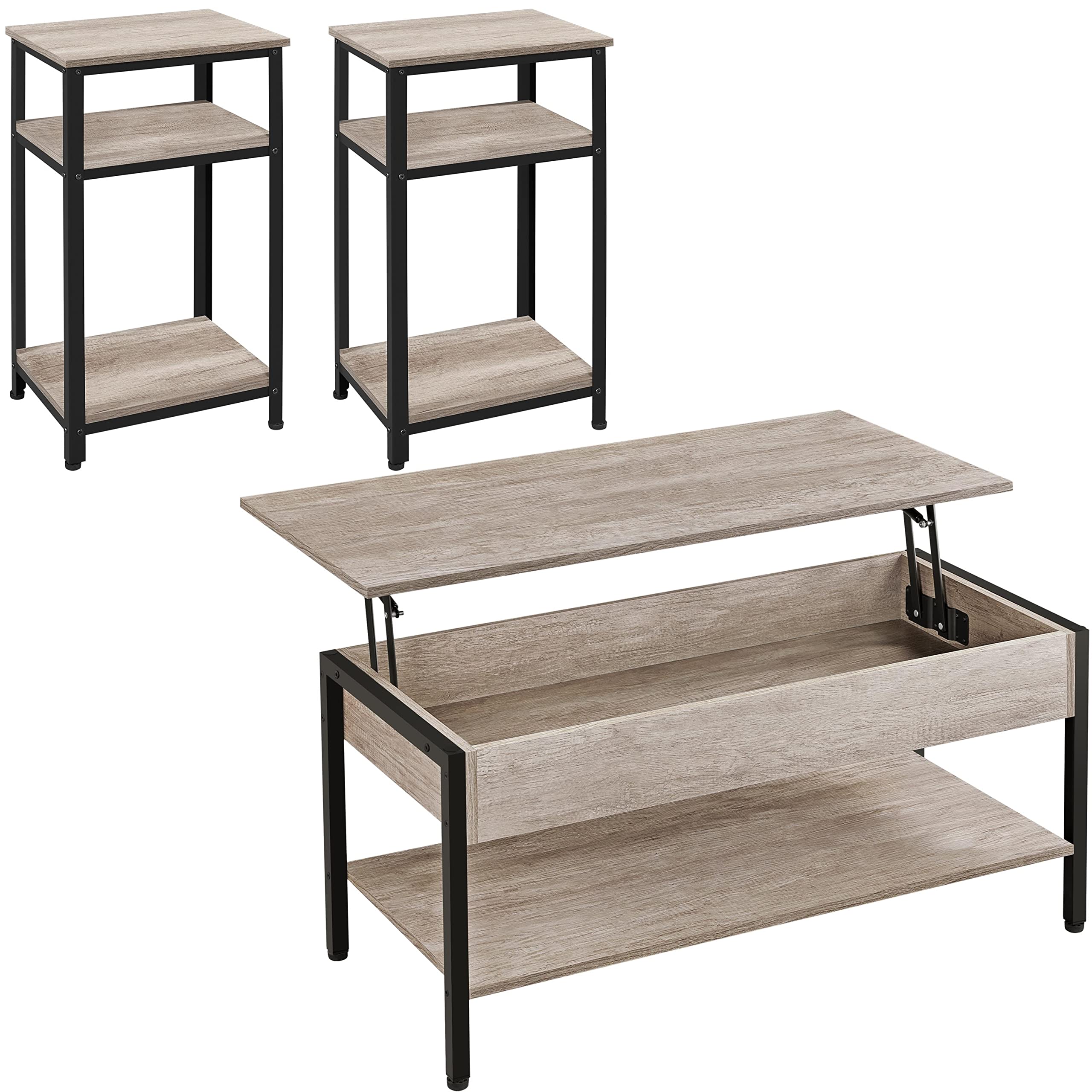 Yaheetech 3-Piece Lift Top Coffee Table Set with Hidden Storage - Industrial Style Grey Lift-Up Center Table & End Tables for Living Room, Small Space, Apartment, Dorm, Office