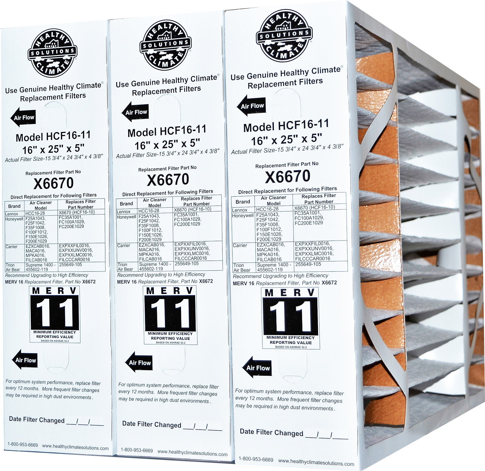 Lennox X6670 16x25x5 MERV 11 Air Filter - Healthy Climate HCF16 11 & HCC16 28 Replacement (15 3/4 x 24 3/4 x 4 3/8) - Case of 3 - Perfect for HVAC Systems & Home Air Purification
