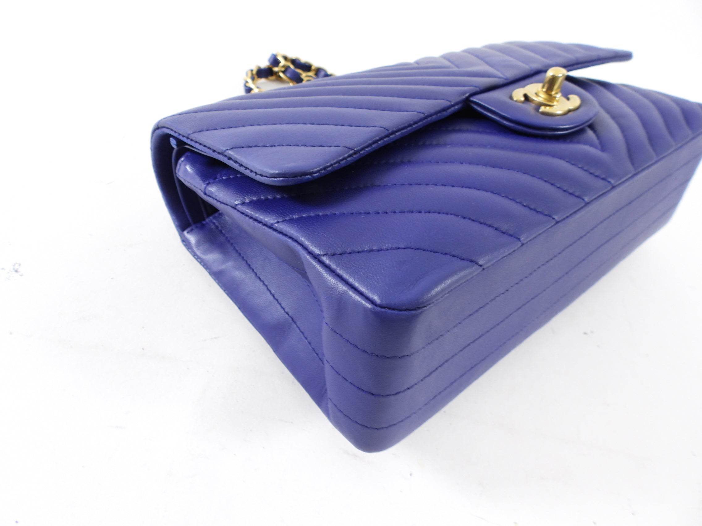 Chanel Blue Chevron Quilted Medium Double Classic Flap Bag with Gold Hardware | Luxury Designer Handbag for Women | Perfect for Evening Events, Parties & Special Occasions