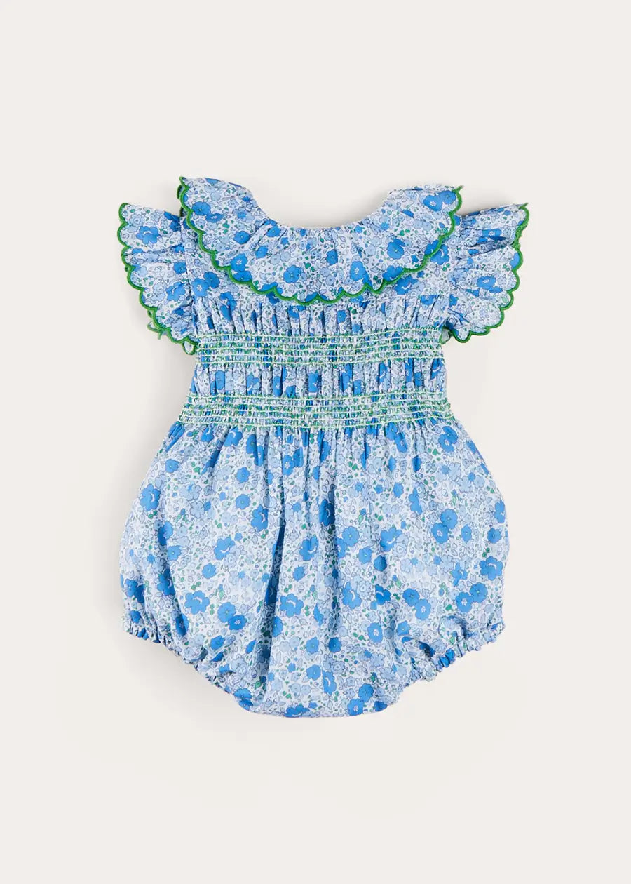 Olivia Floral Smocked Ruffle Collar Sleeveless Romper for Baby Girls - Blue (6 Months to 2 Years) | Perfect for Summer Outfits, Photoshoots & Special Occasions