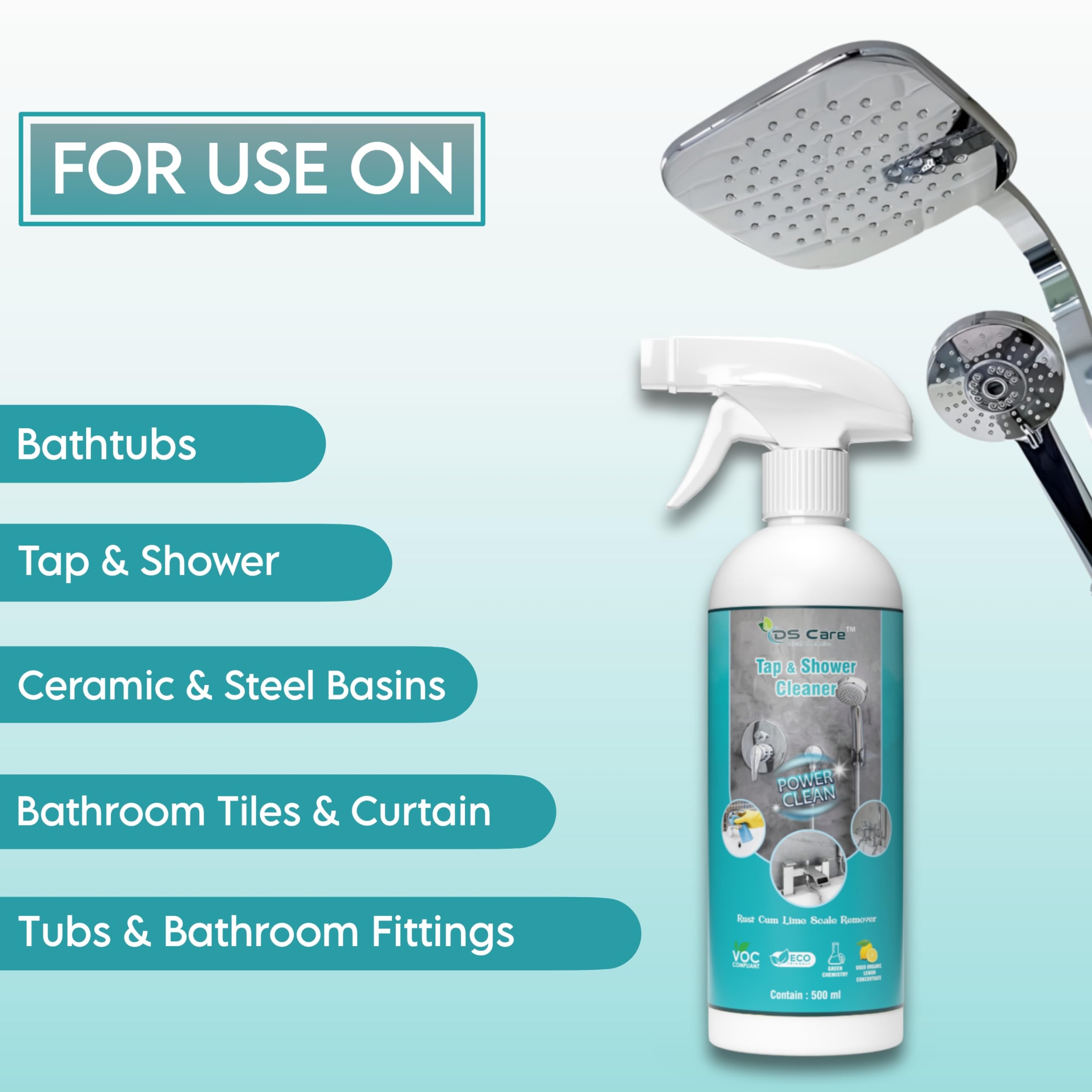 DS CARE Multipurpose Tap & Shower Cleaner 500ml - Powerful Bathroom Cleaner for Rust, Limescale & Hard Water Stain Removal | Effective Drain Descaling Solution | All-Purpose Cleaning for Sinks, Tiles & Faucets | Pack of 1 (Ideal for Home, Hotel & Commercial Use)