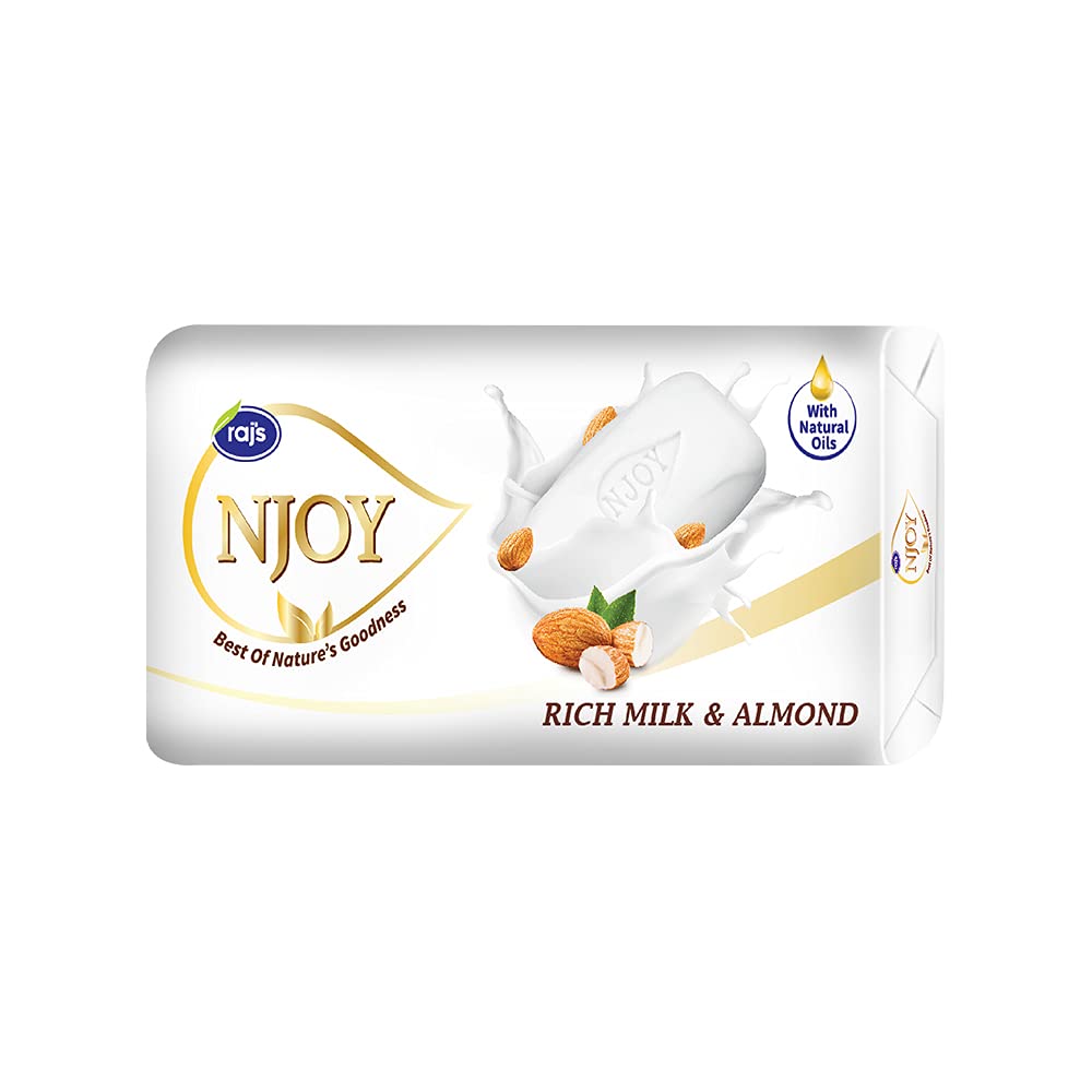 Raj Njoy Bathing Soap - Rich Milk & Almond Moisturizing Bar (125g, Pack of 8) | Gentle Cleansing for Dry & Sensitive Skin | Perfect for Daily Shower, Spa & Gift Sets