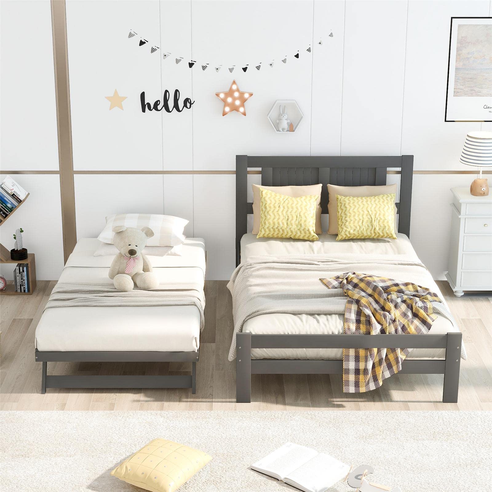 JINS&VICO Full Size Wooden Platform Bed Frame with Headboard & Trundle - Wood Slat Support, Easy Assembly, Gray - Perfect for Guest Rooms, Kids Rooms & Small Spaces