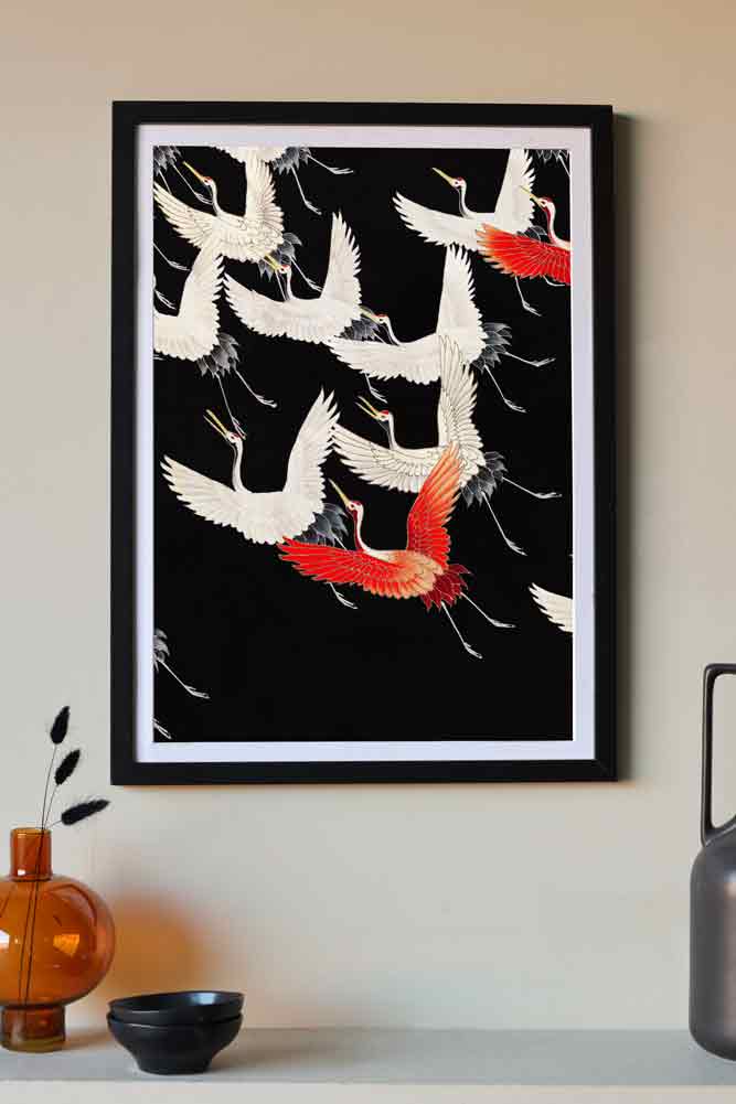 Flying Cranes Art Print - Framed or Unframed Asian Wall Decor - Perfect for Living Room, Bedroom & Office Decor