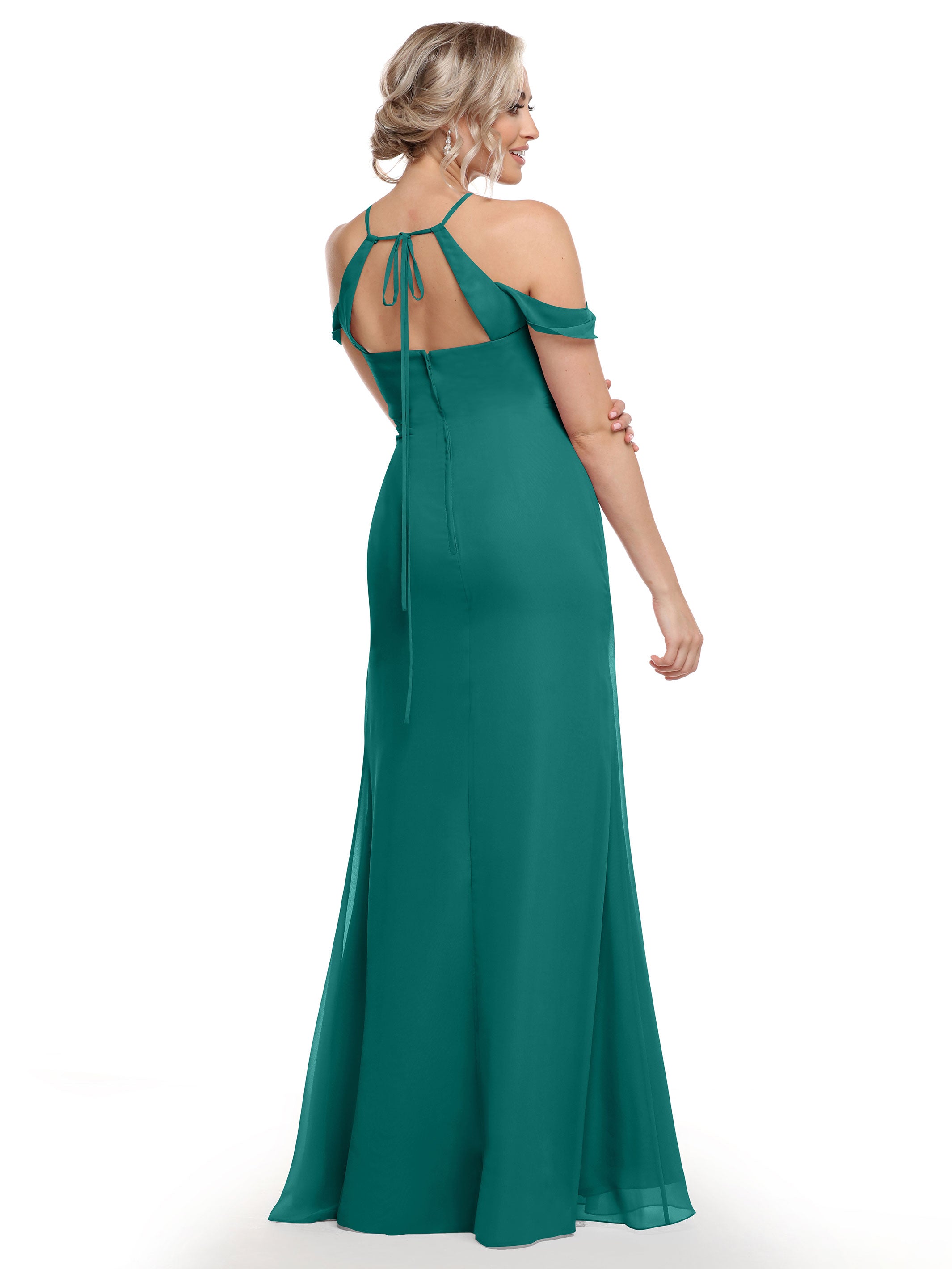 Elegant Off-the-Shoulder Chiffon Bridesmaid Dress with Halter Neckline - Perfect for Weddings, Formal Events & Special Occasions
