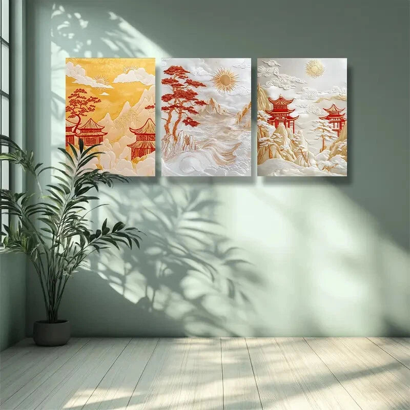 3-Piece Chinese Traditional Pavilion Wall Art Set - Framed Canvas Prints 40x60cm - High Quality Handmade Wall Decor - Ready to Hang - Perfect for Living Room, Bedroom & Office Decor