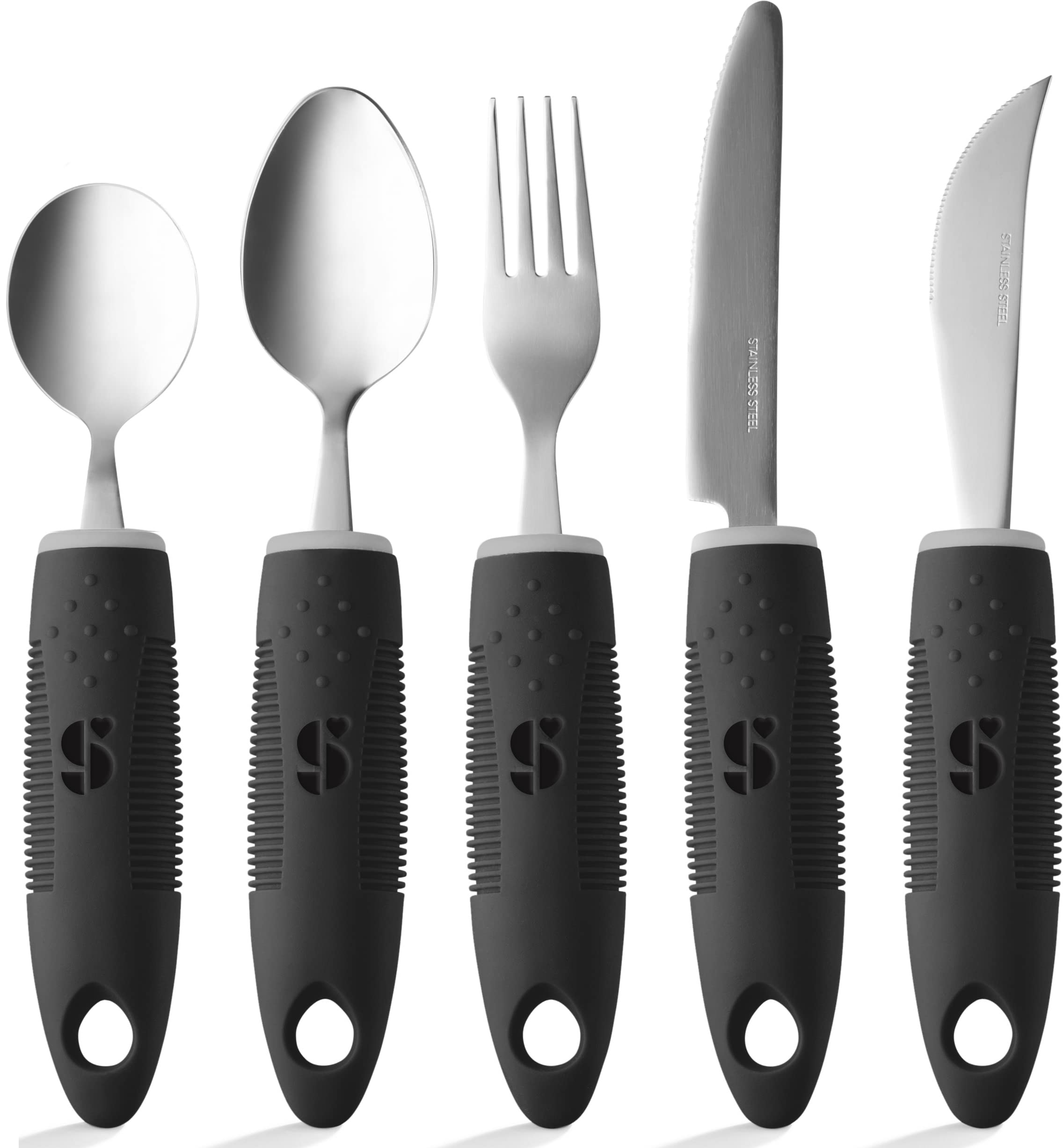 Adaptive Utensils for Hand Tremors & Arthritis - 5-Piece Non-Slip Kitchen Set with Wide Handles for Parkinson's, Elderly & Disabled Users (Black) - Ideal for Easy Eating & Independent Living