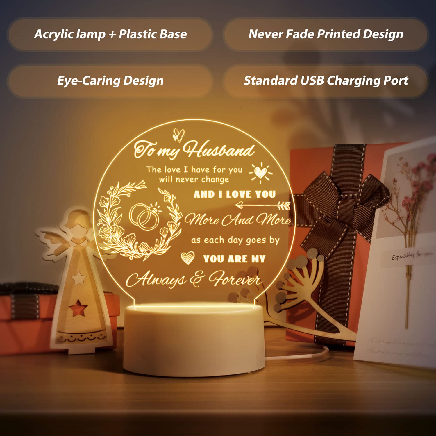Romantic Acrylic Night Light for Husband - Personalized Wedding Anniversary, Birthday & Engagement Gift Idea from Wife | Valentine's Day Present for Him | Bedroom Decor & Romantic Atmosphere Creator