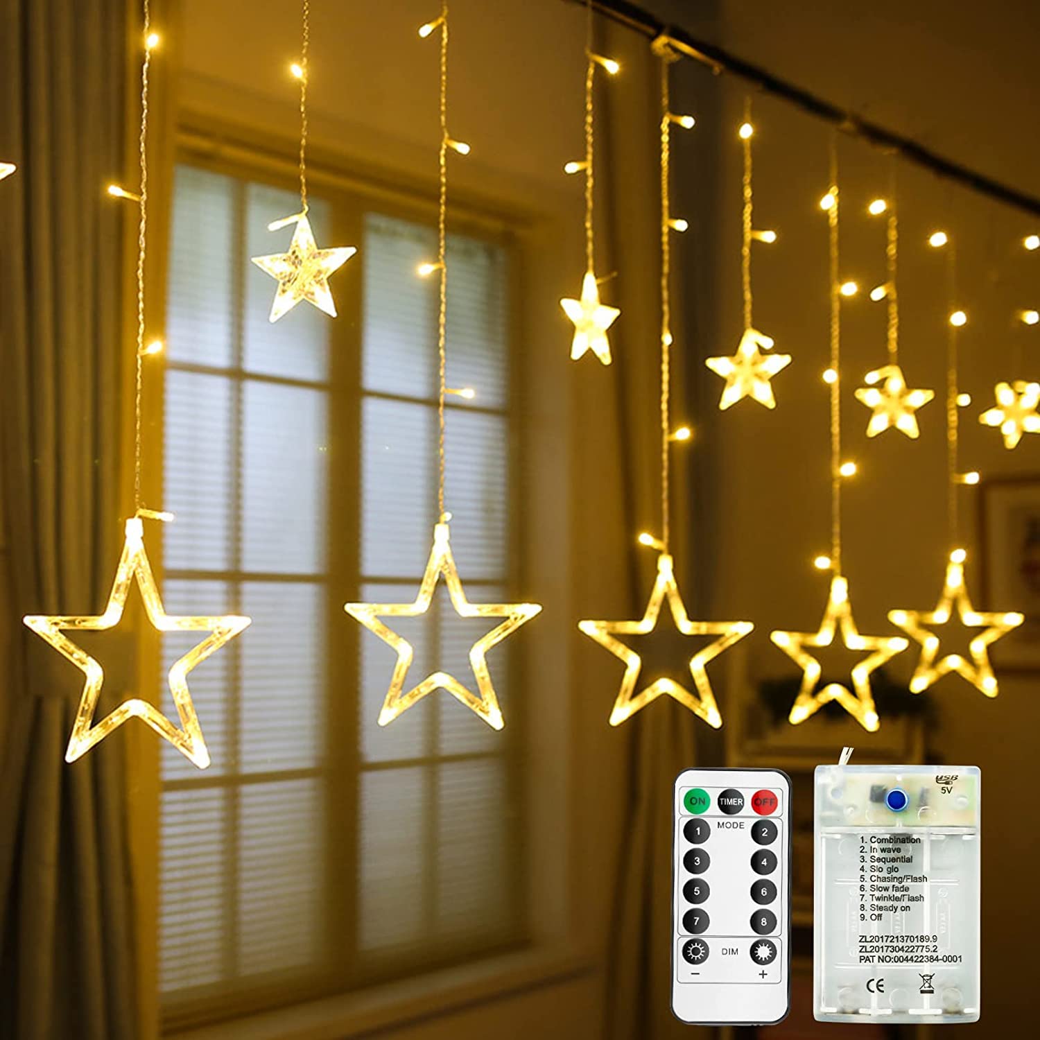 138 LED Star Curtain String Lights - Battery Operated Fairy Lights with Remote Control & 8 Lighting Modes | Warm White Linkable Indoor/Outdoor Decorative Lights for Bedroom, Window, Christmas, Wedding & Party Decorations