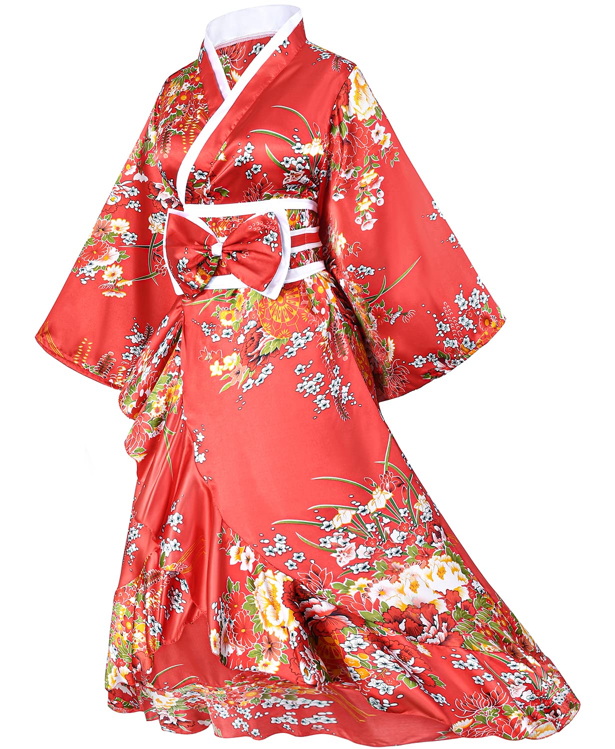 Elegant Women's Kimono Robe - Geisha Style Yukata with Sweet Tuxedo Ruffle & Blossom Print - Satin Bathrobe Sleepwear Set with Tabi Socks | Perfect for Spa Days, Loungewear, Cosplay & Japanese Themed Parties