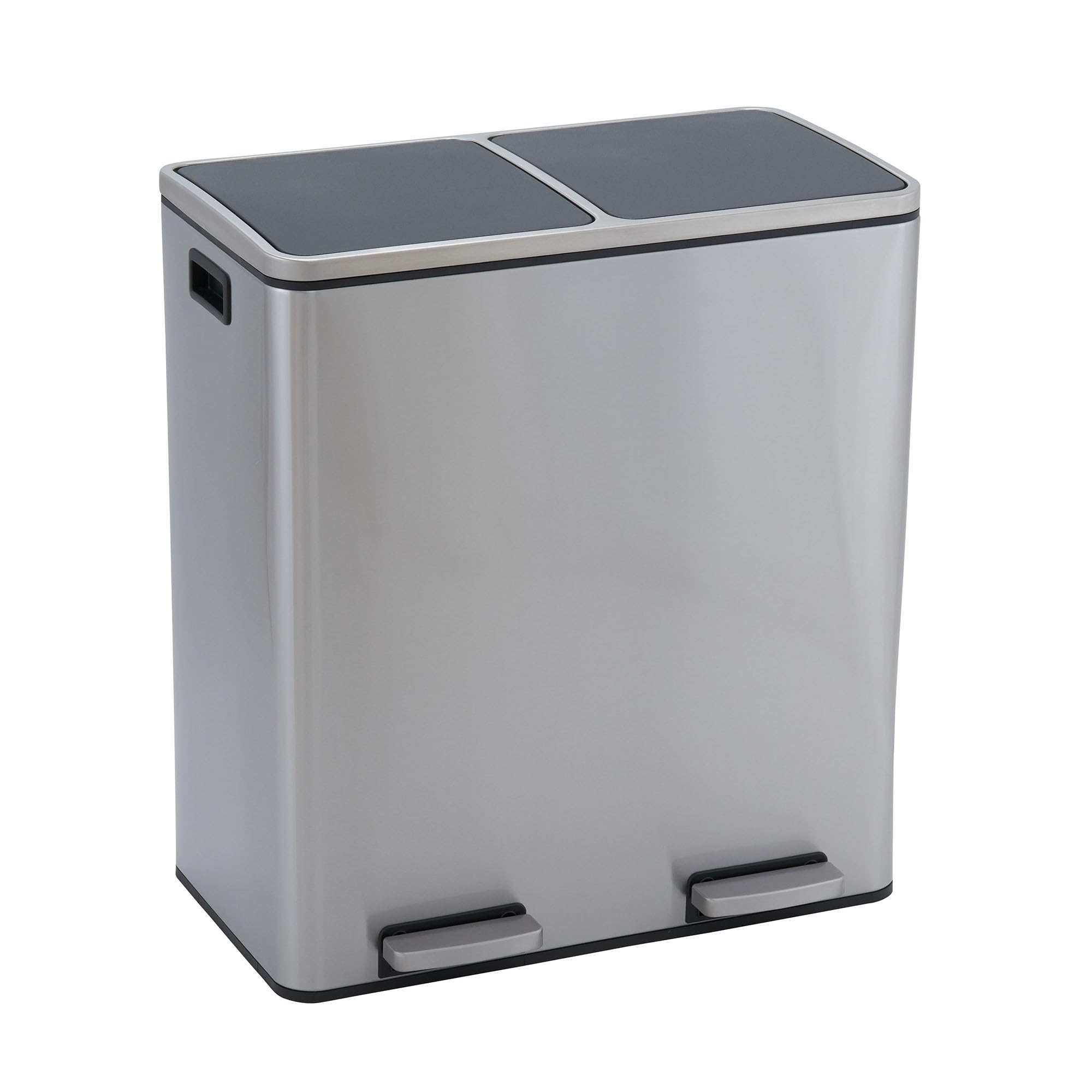 Stainless Steel Dual Compartment Trash Can with Soft Close Lids | 2 x 30L/8Gallon Recycling Bins, 60L Total Capacity, Silver | Perfect for Kitchen, Office, Restaurant Waste Separation