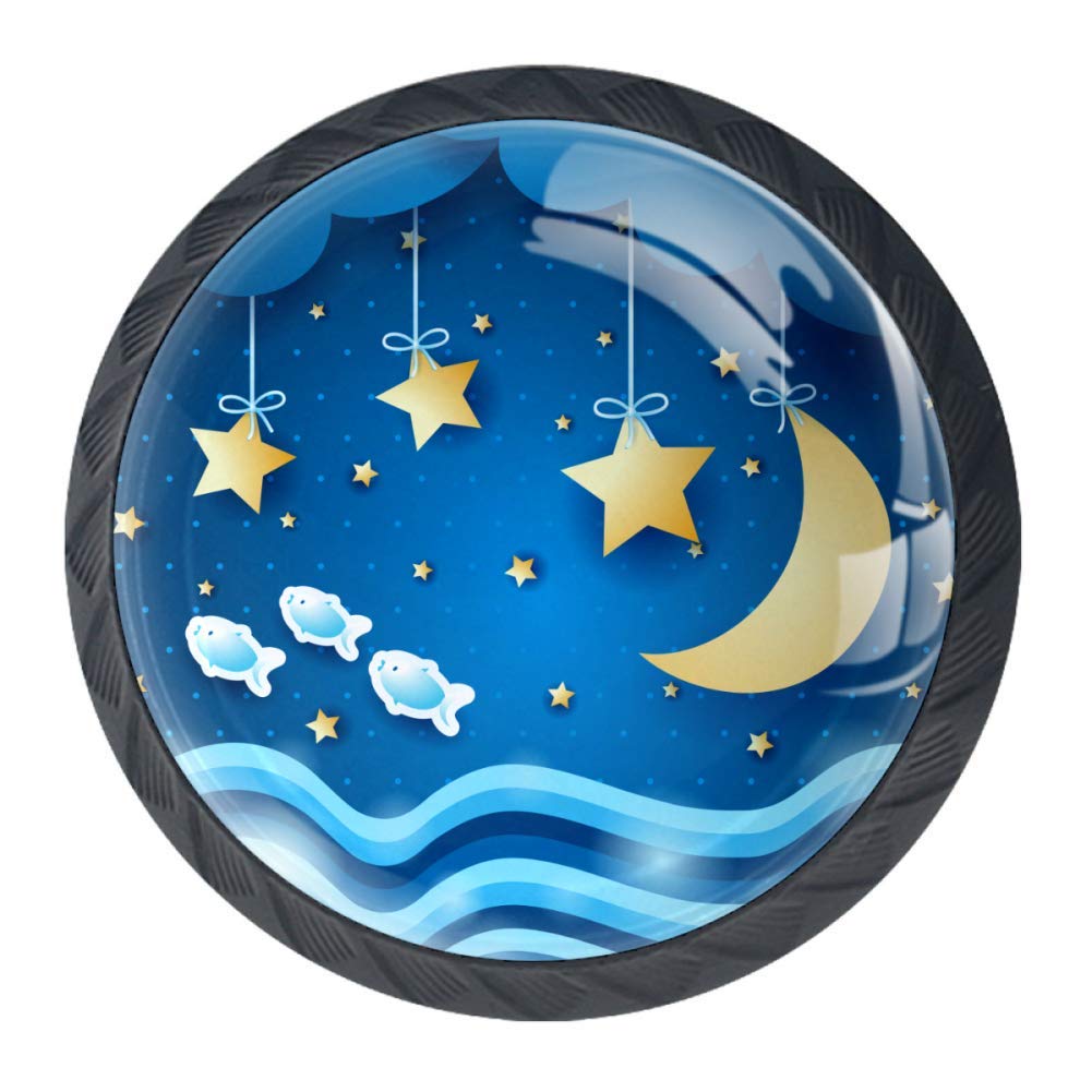 Crystal Glass Cabinet Knobs - 4pcs 3D Star Moon Pulls for Wardrobe & Closet