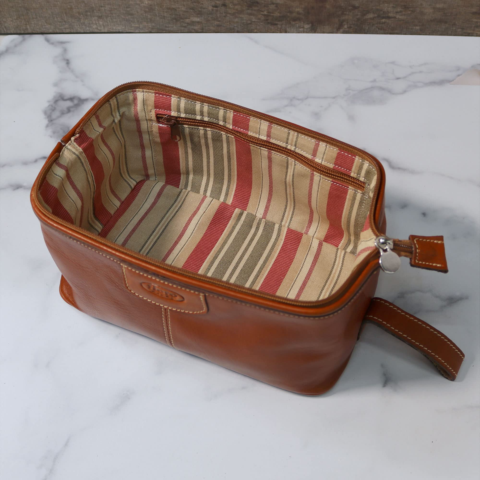 Premium Floto Venezia Dopp Kit - Full Grain Leather Toiletry Bag for Men & Women, Travel Cosmetic Organizer (Olive Honey Brown) - Perfect for Vacation, Gym & Business Trips