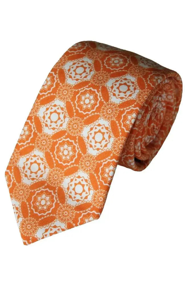 L A Smith Orange Medallion Printed Cotton Tie for Men - Classic Silk Necktie for Business, Wedding & Formal Occasions