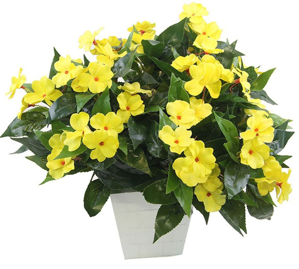 Lopkey 7-Branch Artificial Impatiens Bouquet - Vibrant Yellow Silk Flowers for Wedding, Garden, Patio & Home Decor - Perfect for Centerpieces, Photo Props & Outdoor Landscaping