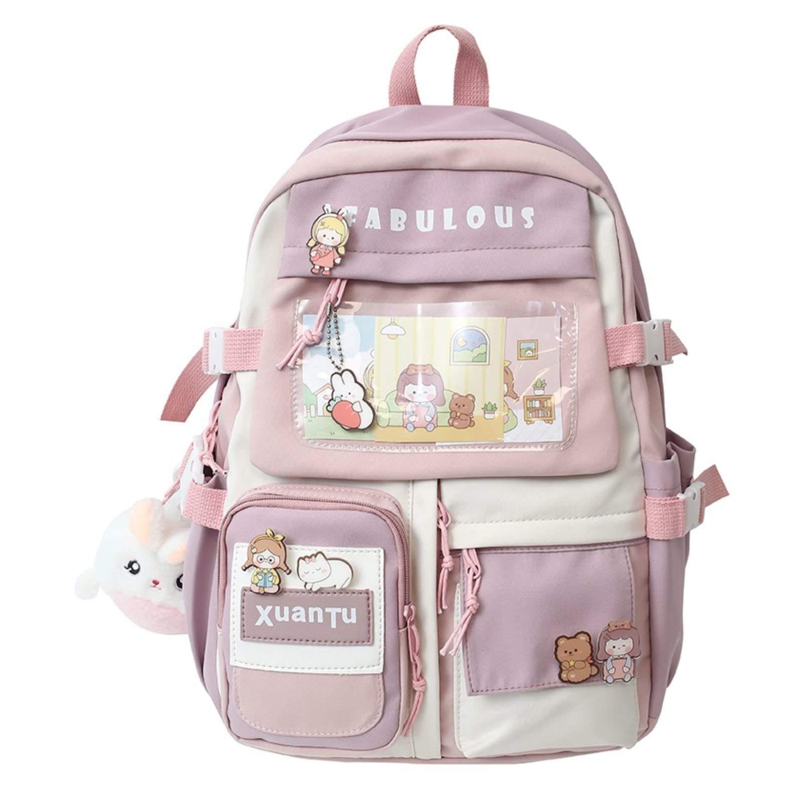 Kawaii Cute Aesthetic Backpack for Teen Girls - Adorable Student Bookbag with Pins & Accessories, Lightweight Daypack for School, Travel, Shopping (Pink)