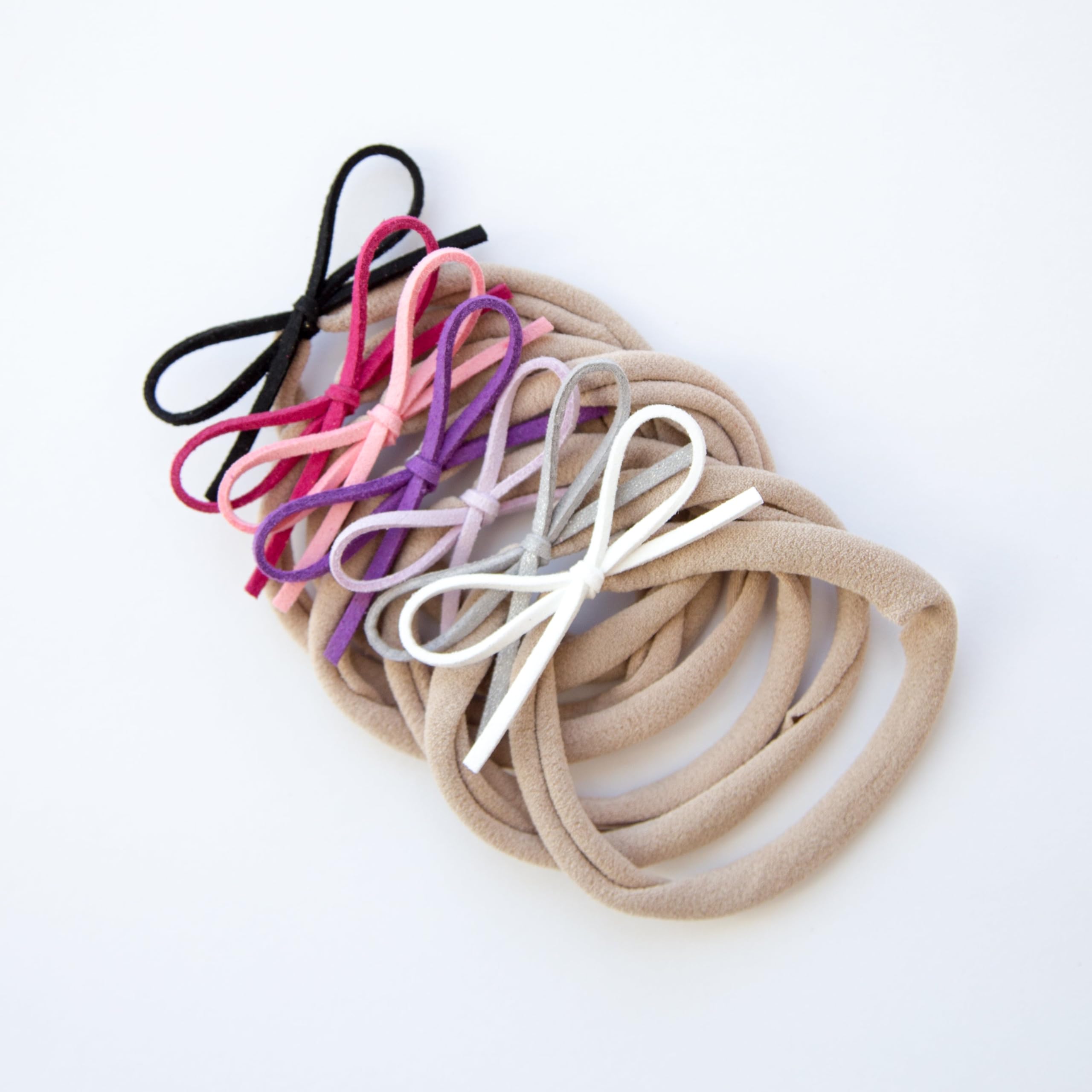 Suede Baby Bow Set of 7 - Nude Nylon Headband for Girls - Perfect for Photos, Parties, and Everyday Style