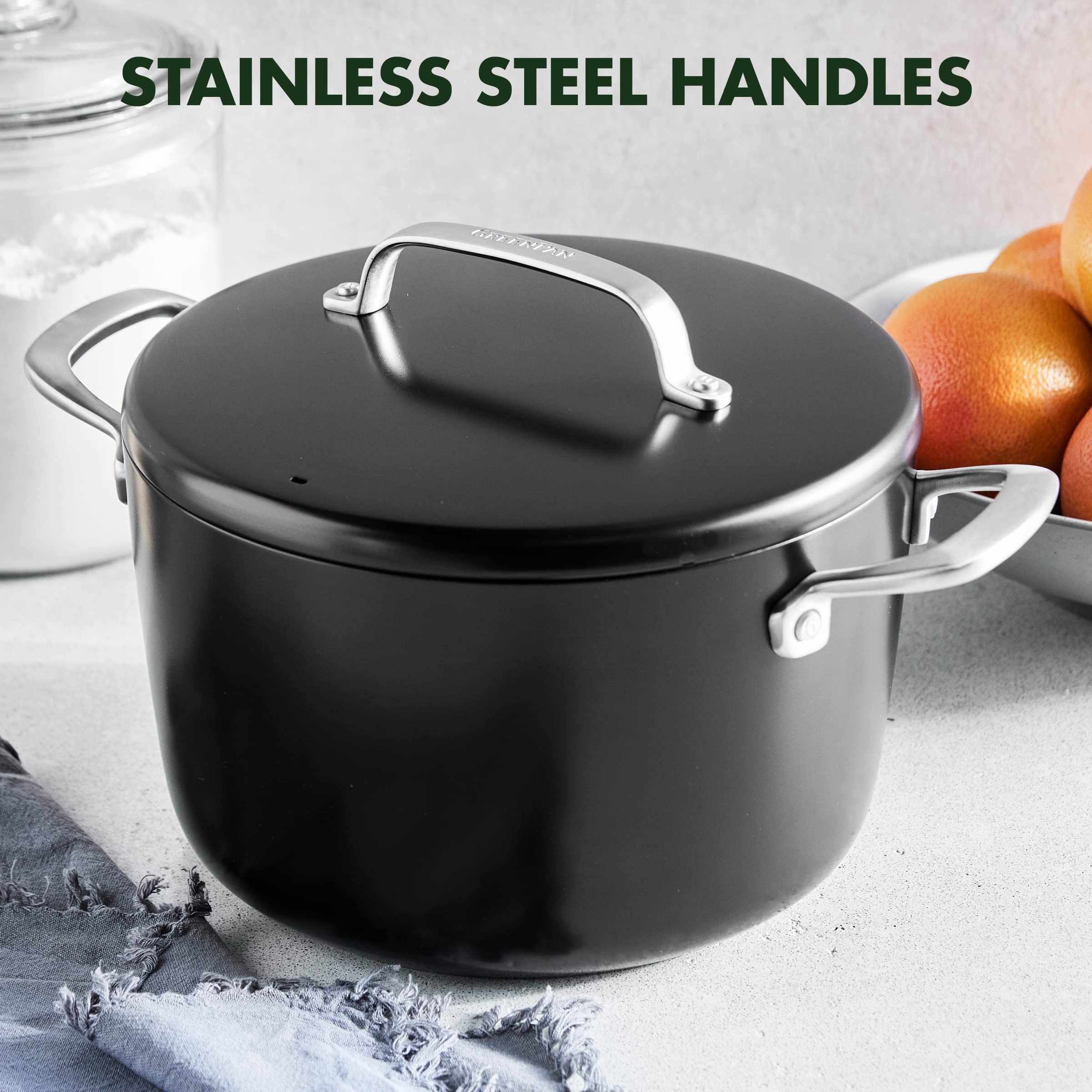 GreenPan GP5 8QT Hard Anodized Stock Pot with Ceramic Nonstick Coating - PFAS-Free, Induction Compatible, Dishwasher & Oven Safe (Black) - Perfect for Healthy Cooking, Soups, Stews & Pasta Dishes