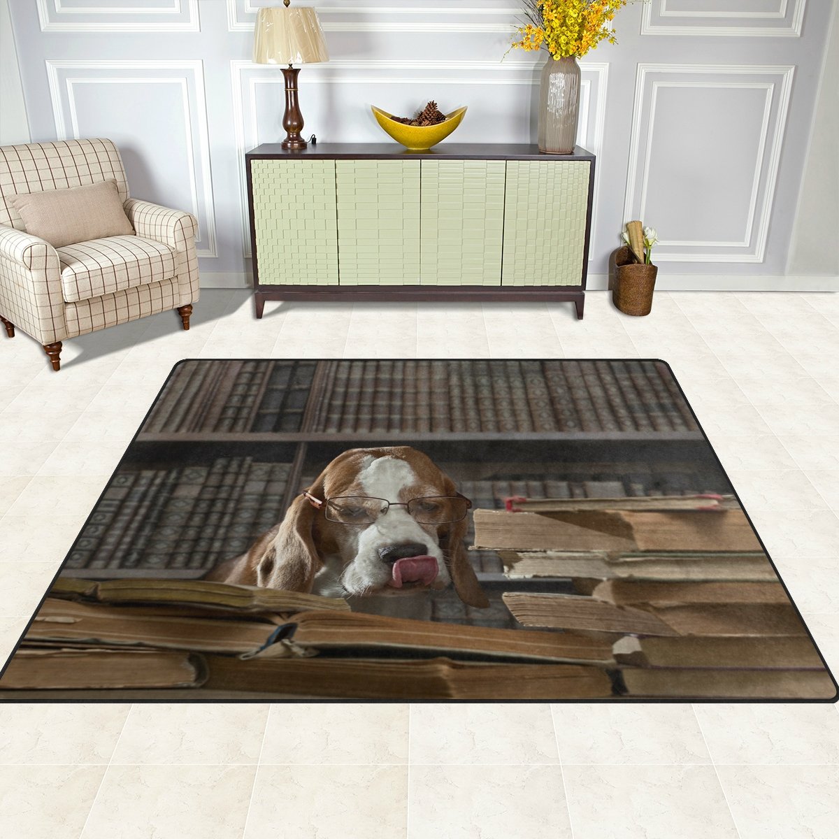 ALAZA Library Smart Dog Studying Old Book Area Rug - 5'3 x 4' Non-Slip Living Room & Bedroom Carpet - Perfect for Study Rooms, Home Offices & Pet-Friendly Spaces