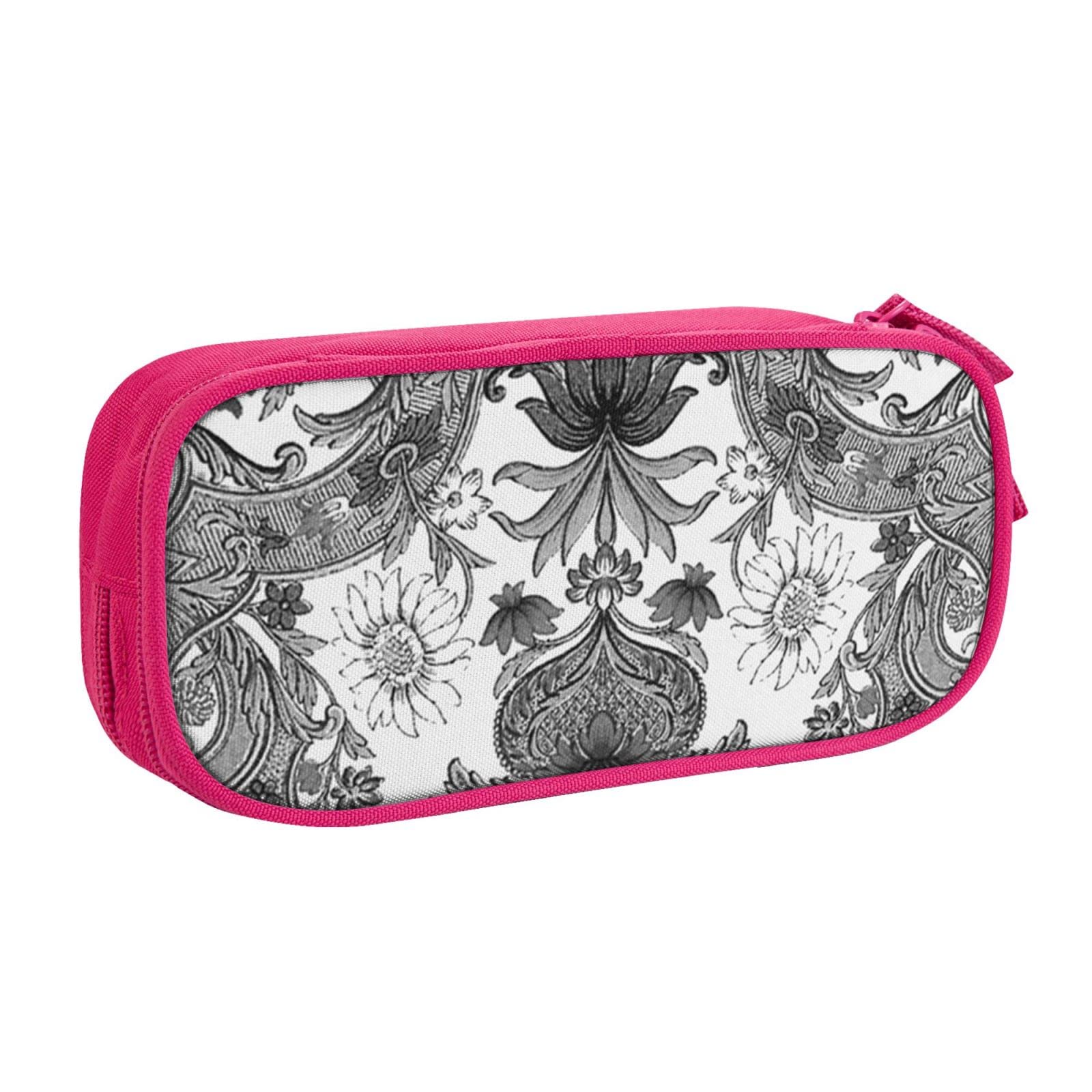 Stylish Parrot Damask Black Pencil Case for School & Office - Large Double Zipper Pen Pouch for Boys & Girls - Perfect for Students, Artists & Professionals (Pink & Black Options) - Organize Pens, Markers & Art Supplies