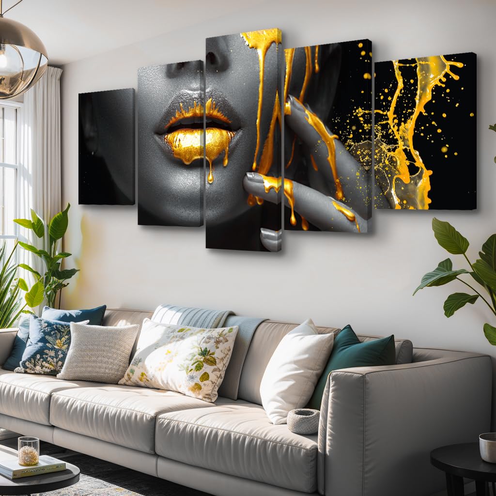Abstract Wall Art Prints on Canvas - Set of 5 Black African People & Gold Glittery Paintings for Living Room, Bedroom, Dining Room, Kitchen, Bathroom & Office Decor | Modern Home Wall Decorations for Housewarming Gifts & Interior Design