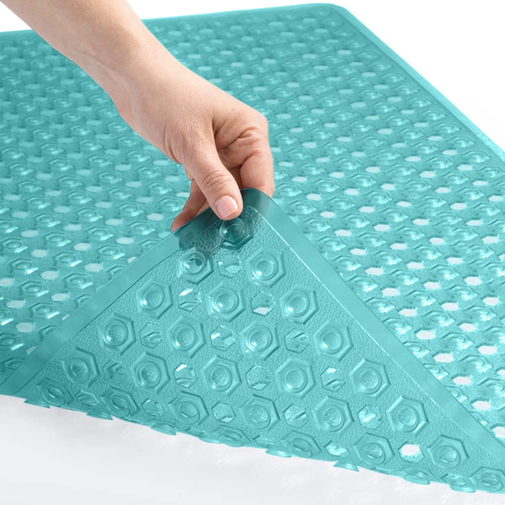 GORILLA GRIP Non-Slip Bath Tub Shower Mat with Strong Suction Cups & Drain Holes | Machine Washable Bathtub Floor Liner | 35x16 Inch Turquoise Bathroom Essentials | Perfect for Kids, Elderly & Wet Areas