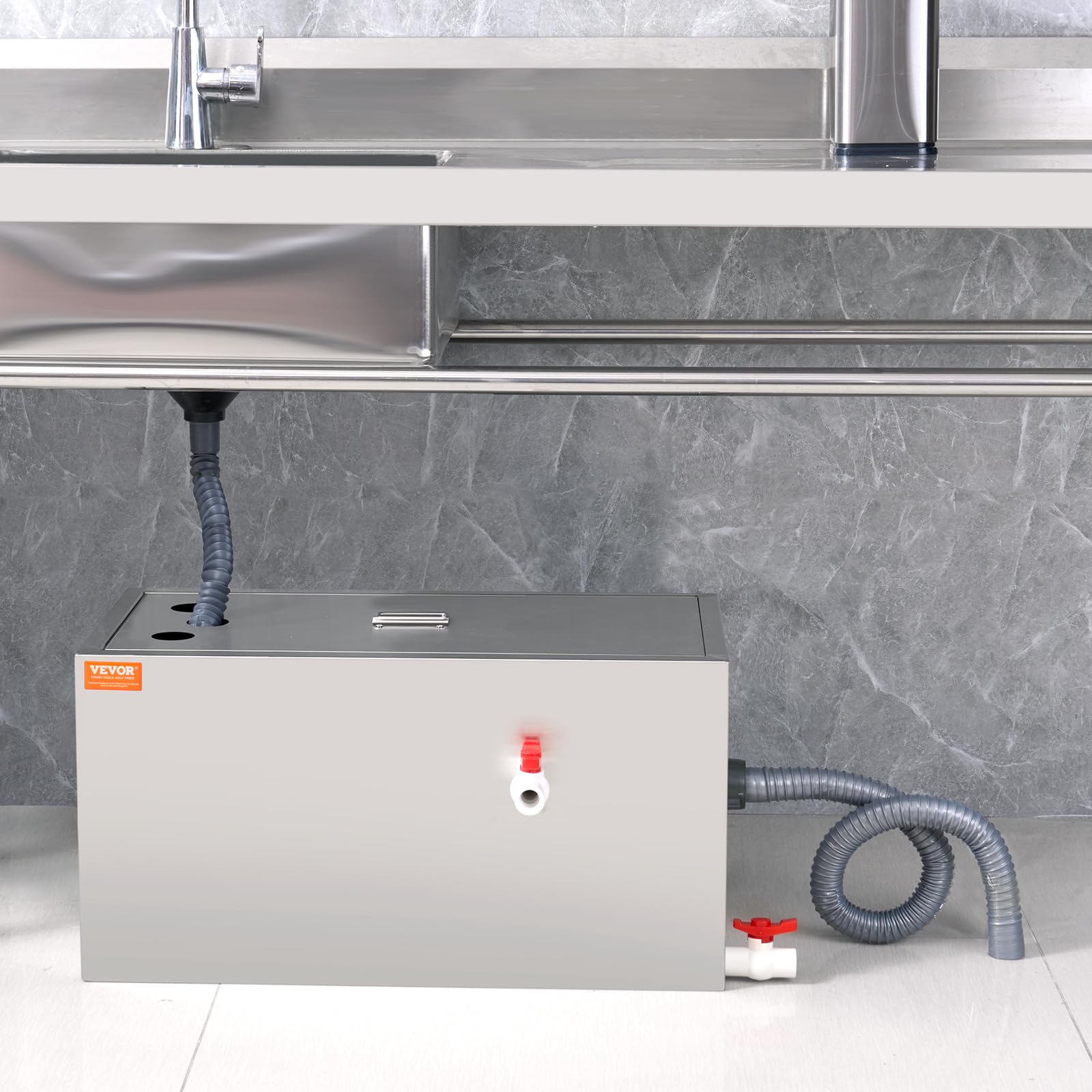 VEVOR 25 LBS Commercial Grease Trap - Stainless Steel Under Sink Grease Interceptor with Top Inlet, 6.4 GPM Wastewater Oil-Water Separator for Restaurant, Canteen & Home Kitchen - Perfect for High-Volume Cooking Areas and Food Service Establishments