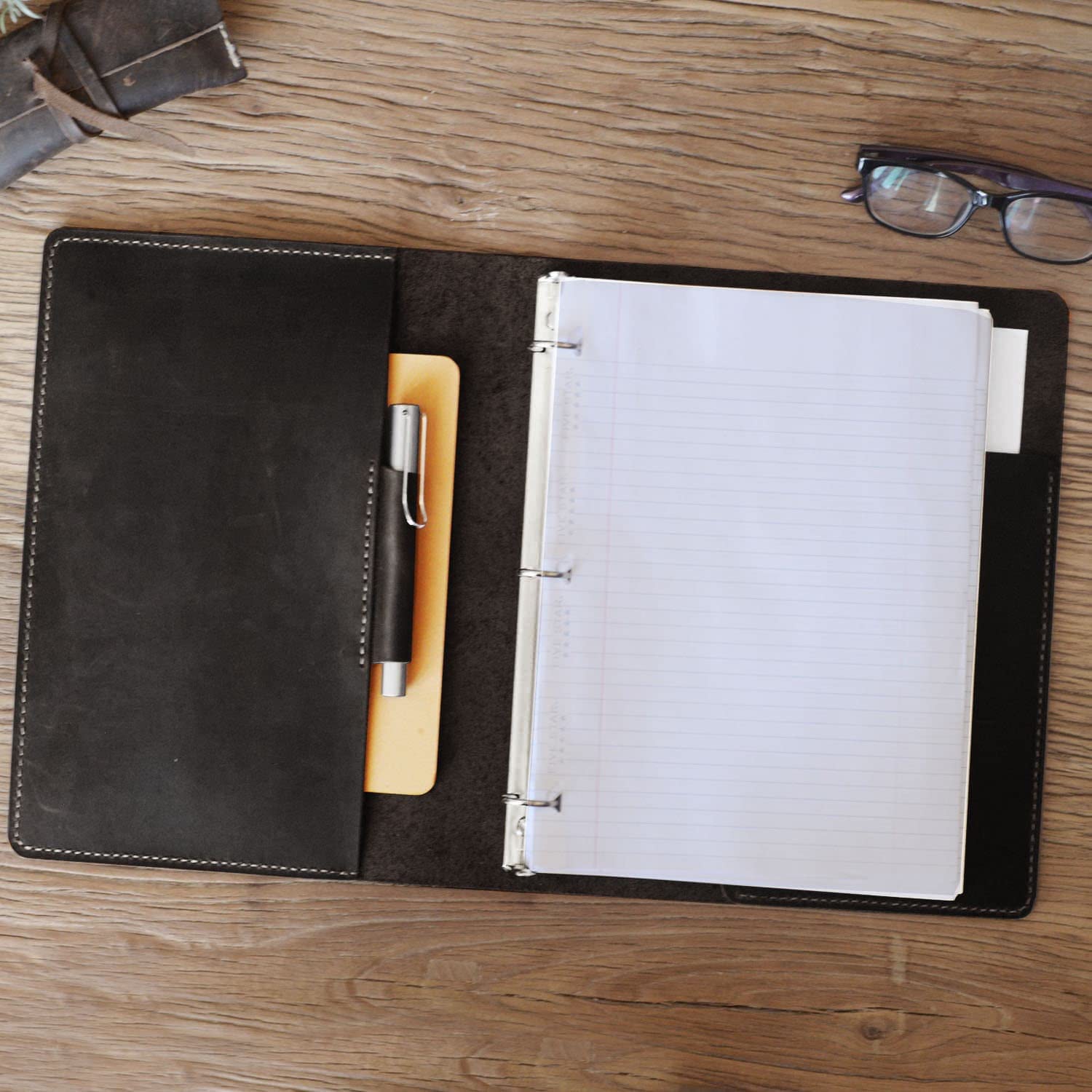 Premium Distressed Black Leather 3-Ring Binder Cover for 8.5 x 11 Refill Paper - Professional Portfolio Organizer for Office, School & Business Meetings