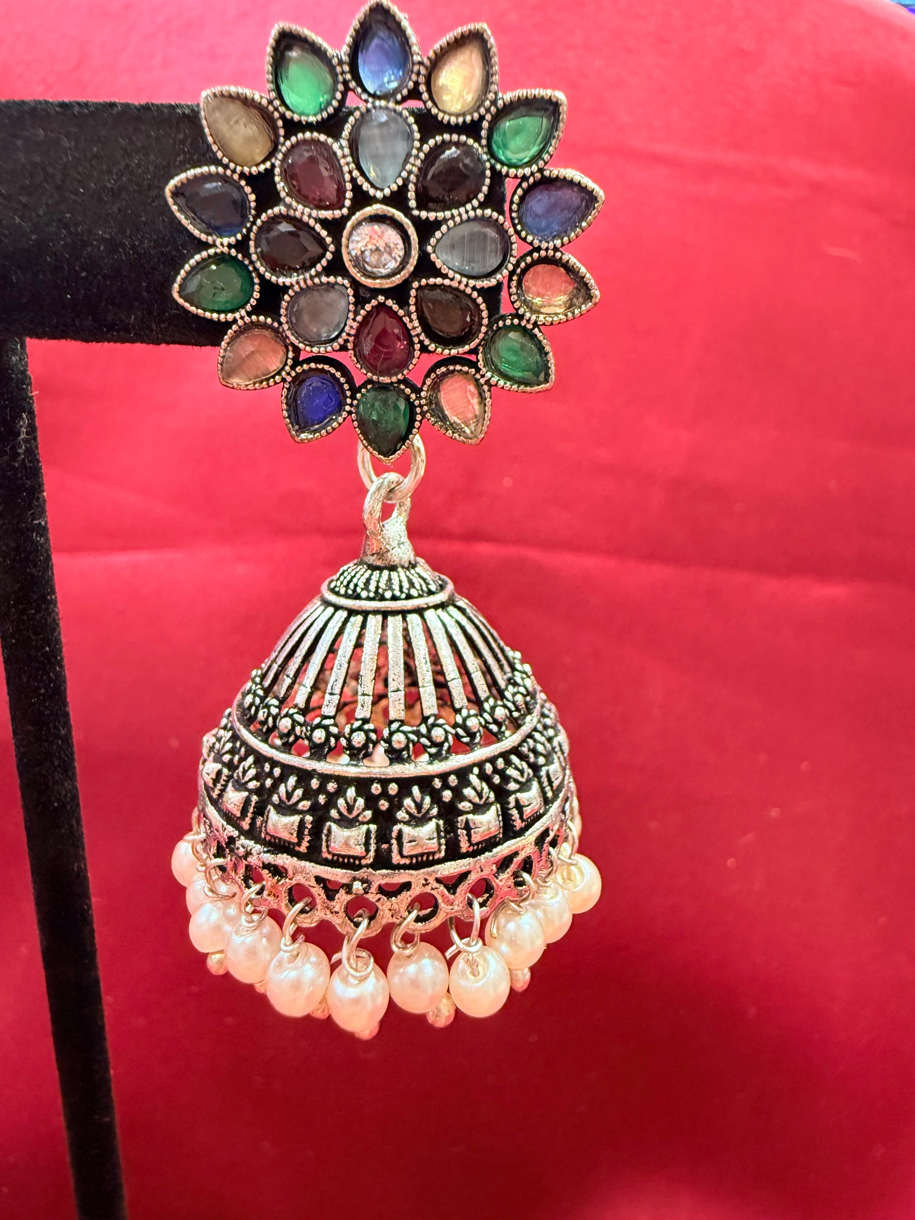 Exquisite Multicolor Pearl Drop Earrings for Women - Oxidized Silver Dangle Earrings - Perfect for Weddings, Parties & Special Occasions