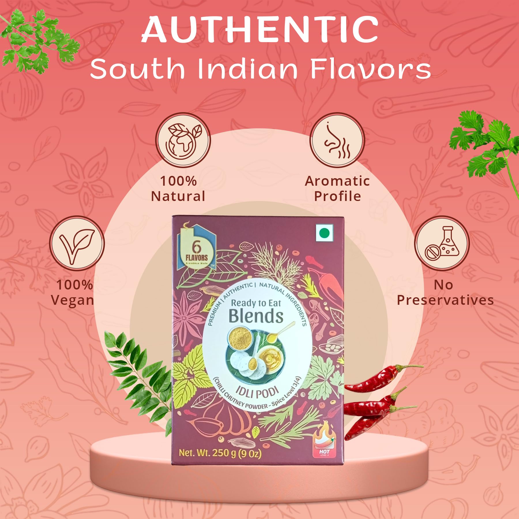 6 Flavors Idli Podi Chutney Powder - 250g Spicy Chili (Level 2/4) | Antioxidant-Rich, Vegan & Gluten-Free South Indian Seasoning | No Onions, Garlic or Preservatives | Perfect for Idli, Dosa, Rice & Snacks | Authentic Indian Spice Blend for Home Cooking