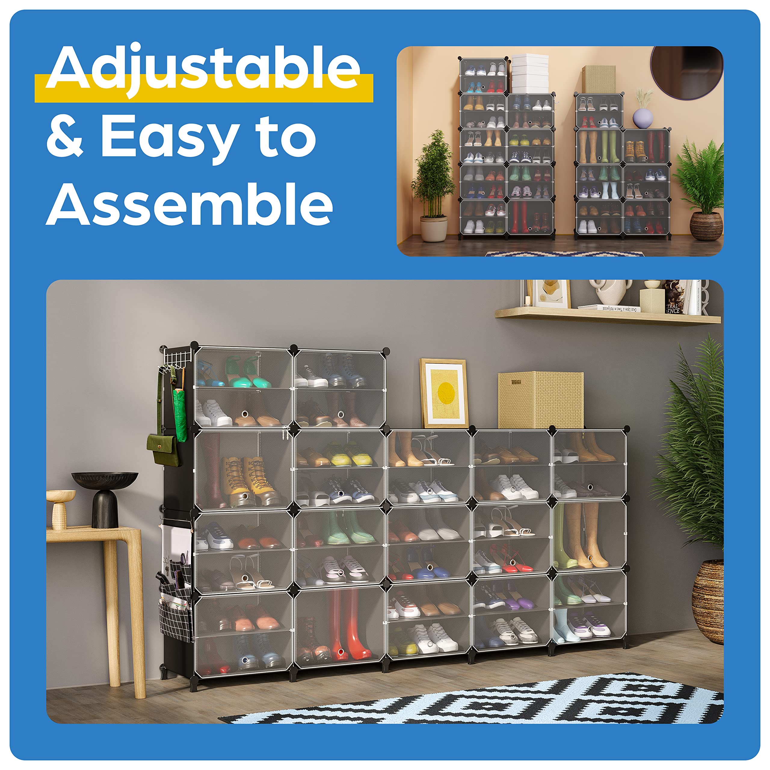 72 Pair Stackable Shoe Organizer Cabinet with Clear See-Through Doors - Plastic Shoe Storage Closet with Covers, Hooks & Pockets - Portable Shoe Rack for Closet, Entryway or Bedroom Organization (Black)