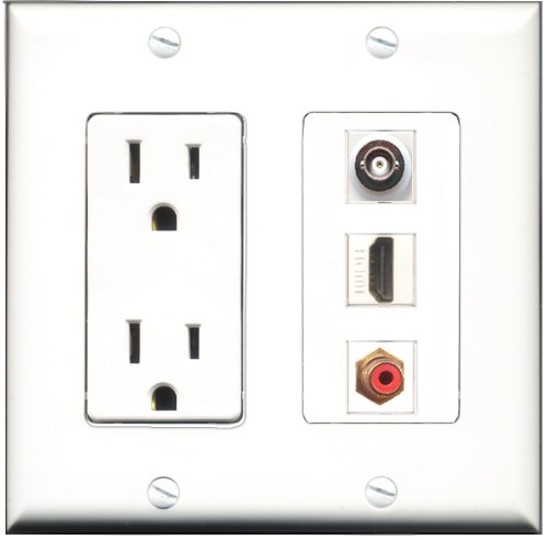 RiteAV 15 Amp Power Outlet with HDMI, RCA Red & BNC Ports - Decorative Wall Plate for Home Theater & AV System Installation