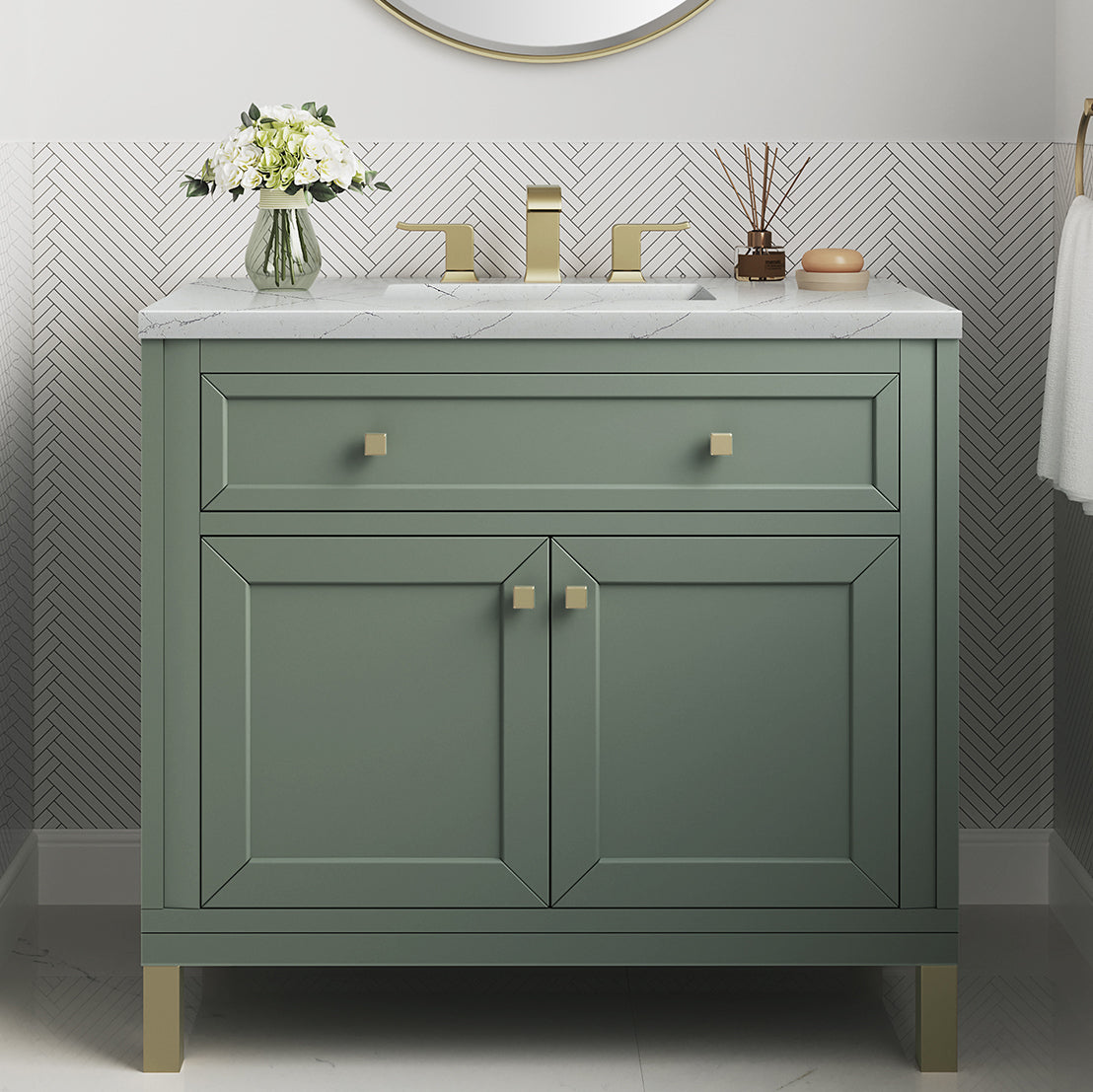 James Martin Vanities Chicago Collection 36 Inch Single Bathroom Vanity in Smokey Celadon with Countertop Options - Modern Farmhouse Style for Small Bathrooms & Powder Rooms