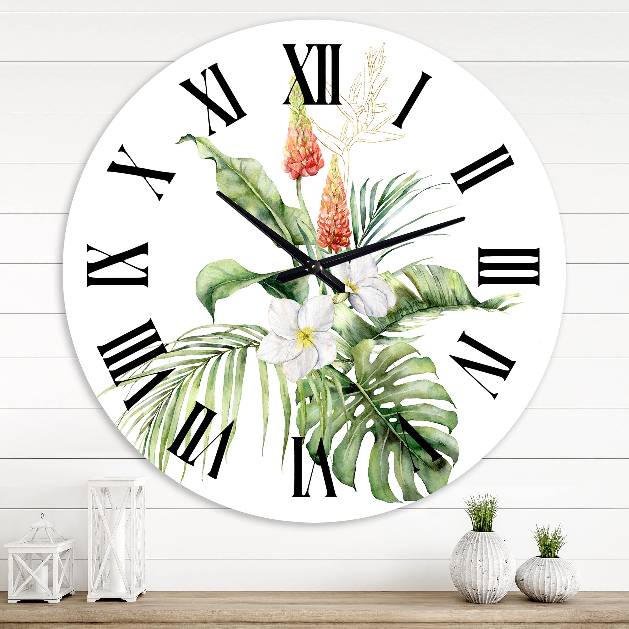 DesignQ Traditional Wall Clock - Tropical Bouquet with Lupine Plumeria Palm Leaves - Large Floral Botanical Wall Clock for Kitchen, Living Room, Bedroom & Office Decor - Perfect for Home, Farmhouse & Vintage Style Interiors