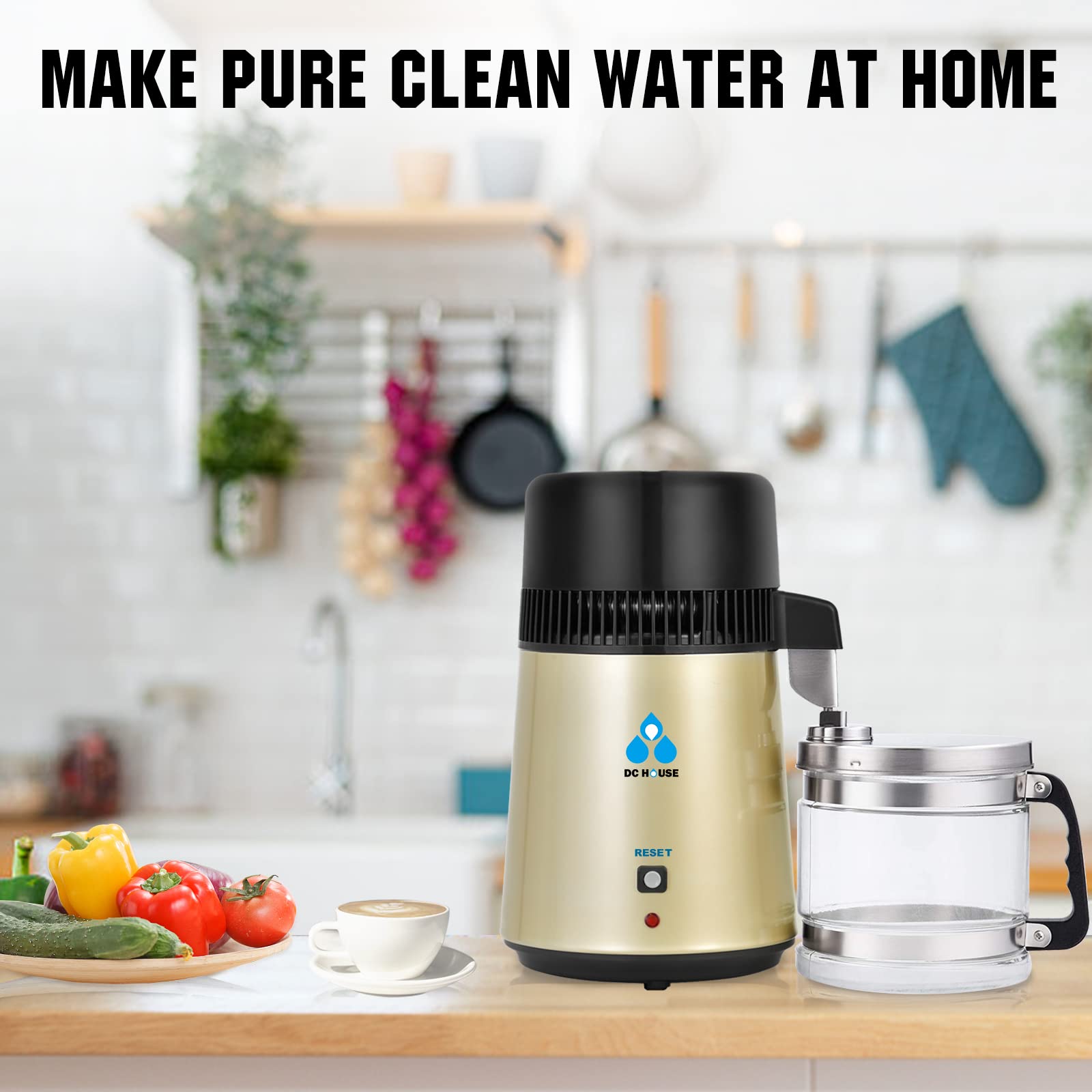 DC HOUSE 1 Gallon Water Distiller Machine - 304 Stainless Steel 4L Countertop Distiller with Glass Container, 750W for Pure Drinking Water - Perfect for Home, Office, and Emergency Preparedness