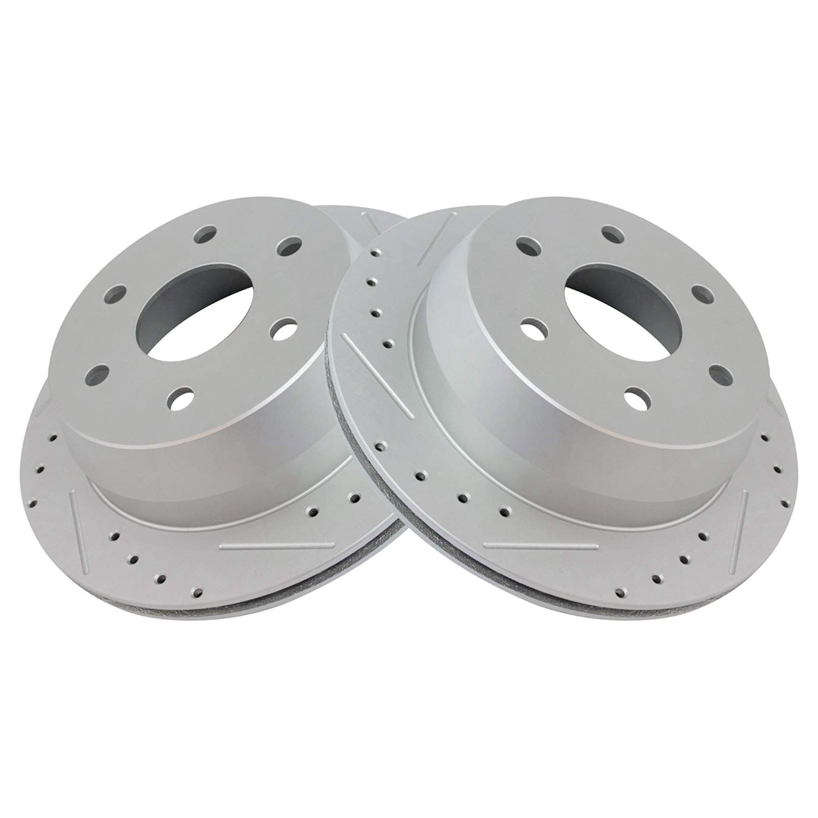 TRQ Rear Ceramic Brake Pads with Performance Drilled & Slotted Zinc Coated Rotors and Calipers - Perfect for High-Performance Vehicles, Racing, and Daily Driving