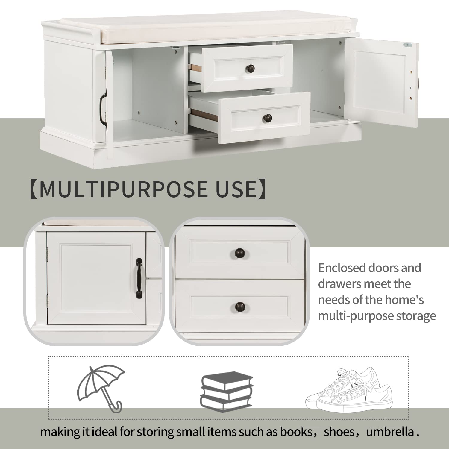 Rustic Wood Storage Bench with 2 Cabinets & 2 Drawers - Entryway Shoe Bench with Removable Cushion for Bedroom, Hallway, Living Room | Easy Assembly Required | Perfect for Small Spaces & Home Organization