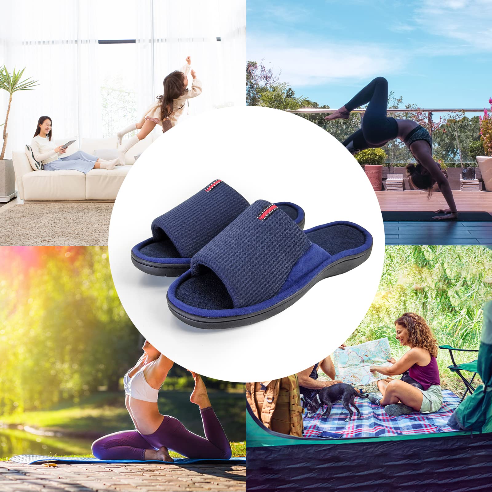 WALKFUN Men's Lightweight Open-Toe Memory Foam House Slippers - Soft Indoor Slides & Sandals for Bedroom, Patio - All-Season Comfort for Relaxation at Home