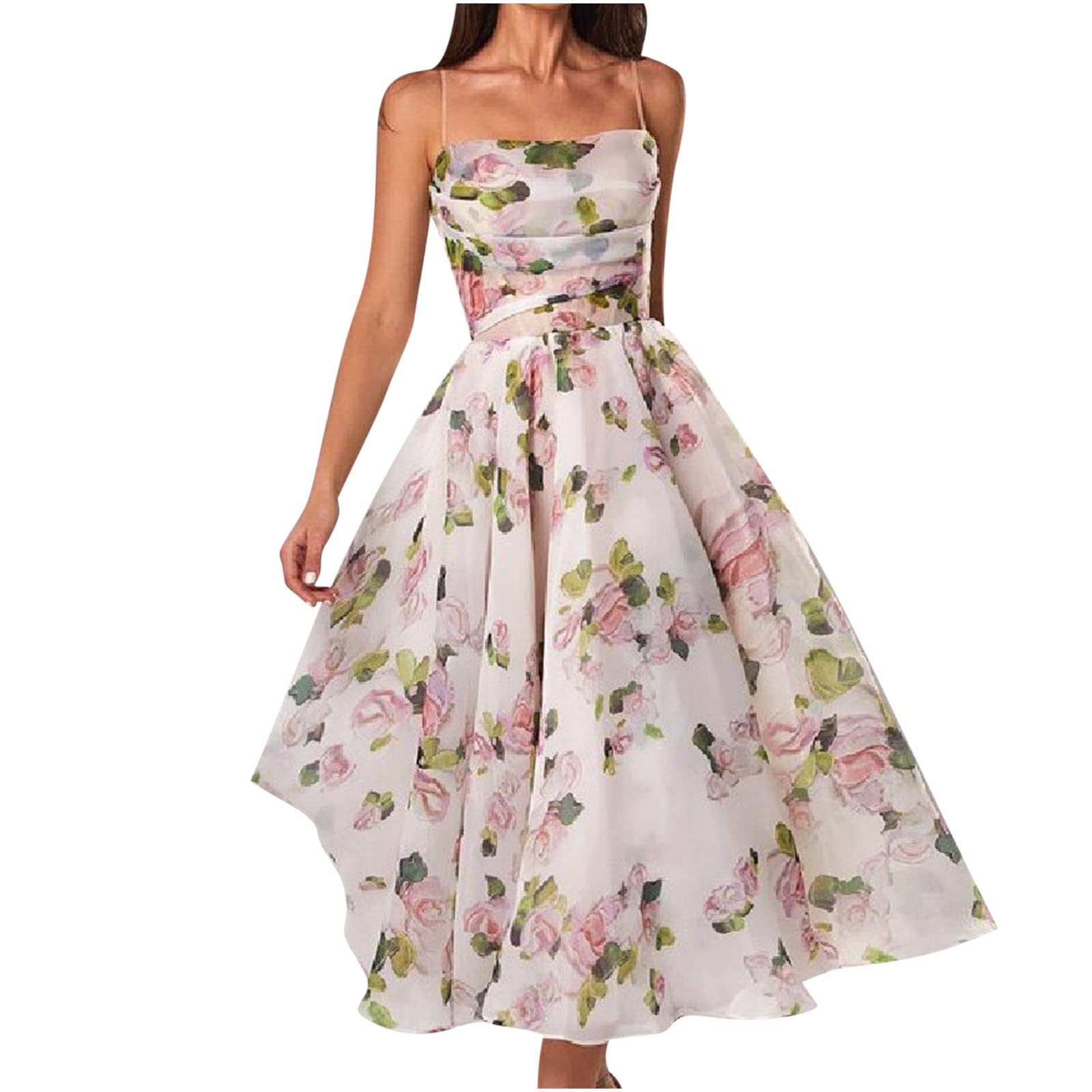 Elegant Floral Chiffon Midi Dress for Women - Sleeveless Cocktail Party & Wedding Guest Dress - Perfect for Dating, Bridal Showers & Formal Events