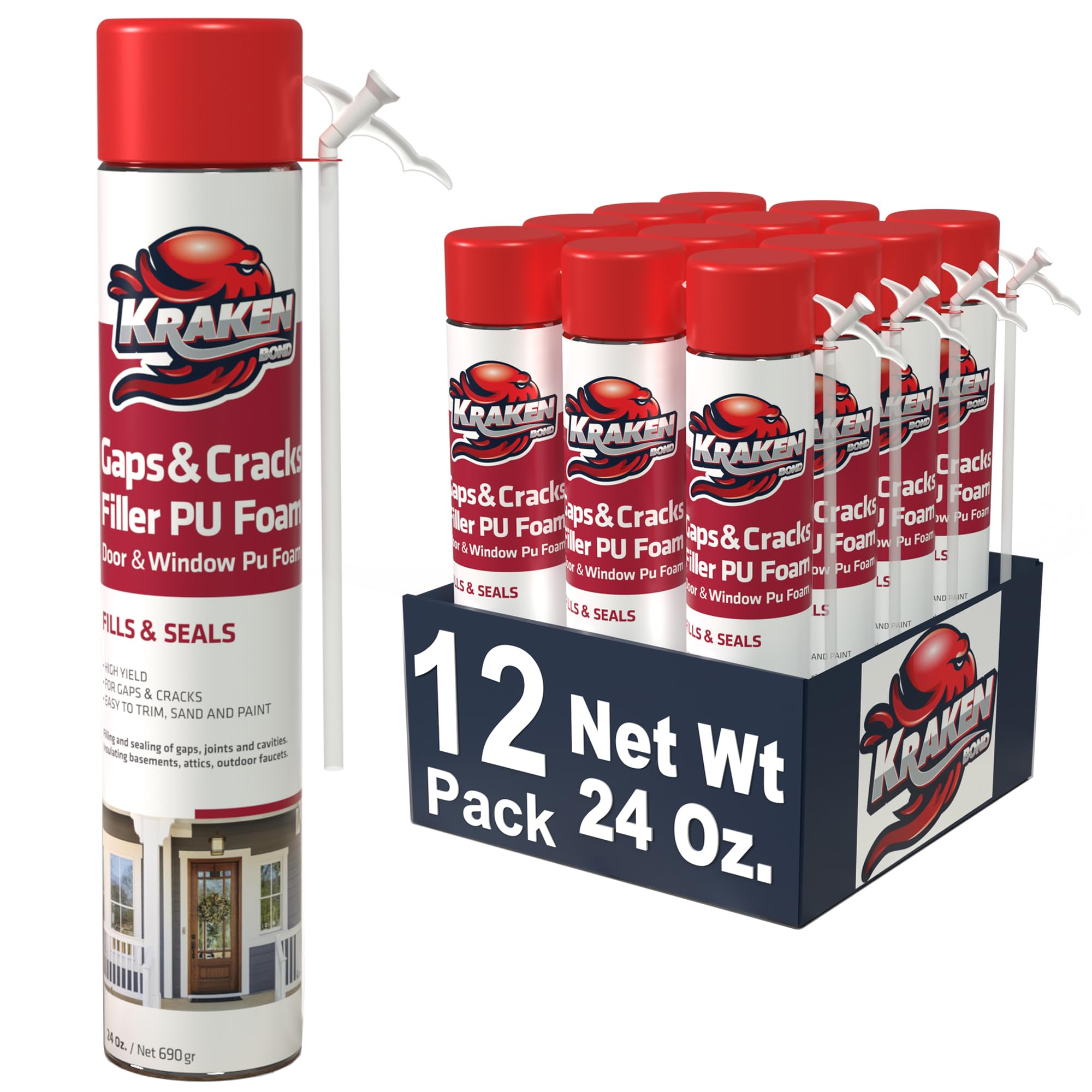 Kraken Bond Gaps & Cracks Expanding Foam Sealant - 12 Pack (24oz Each) | High Expansion Polyurethane Spray Foam for Windows, Doors & Gaps | Waterproof Insulation Foam with Straw Applicator | Perfect for Home Insulation, Weatherproofing & DIY Projects