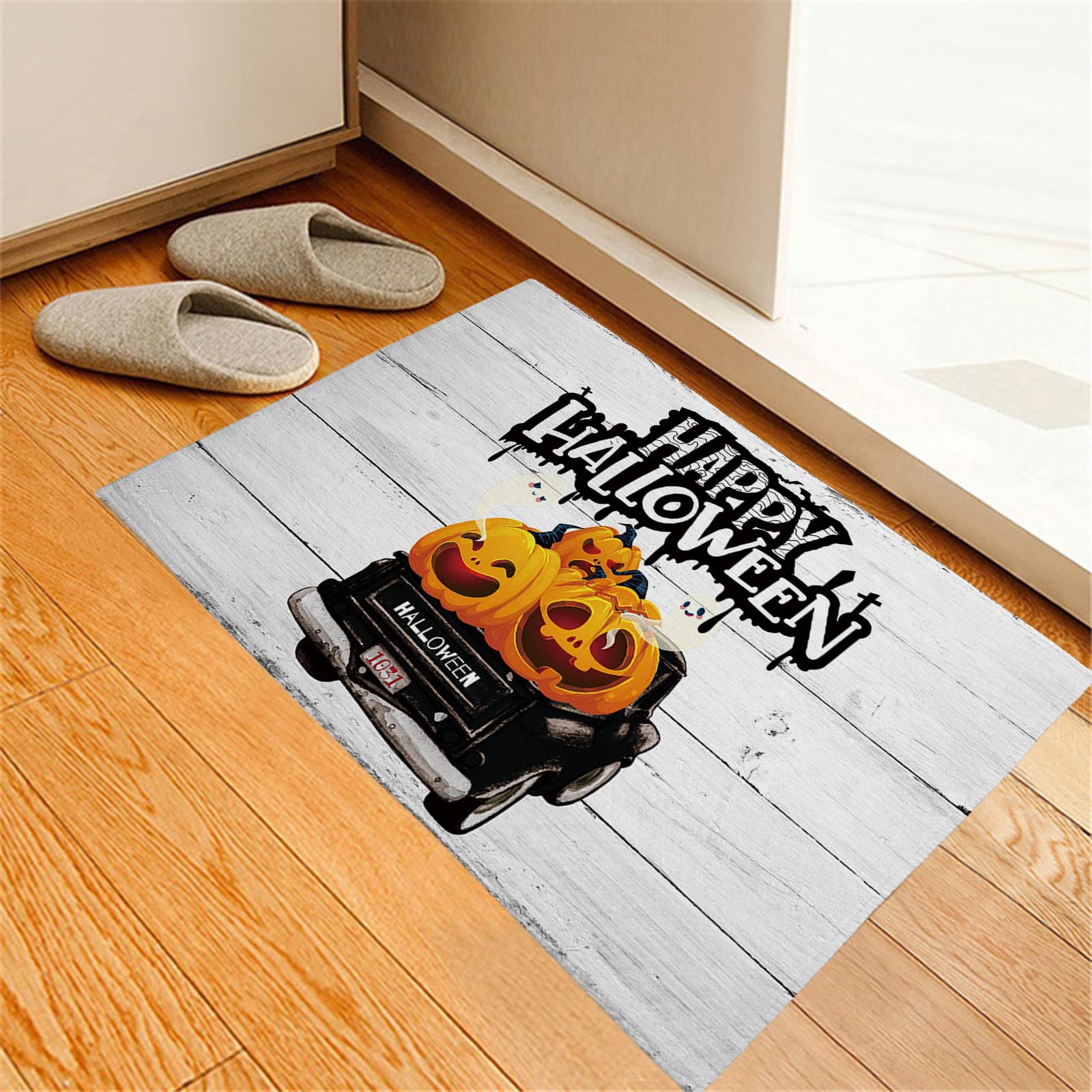 Halloween Welcome Mat - Non-Slip Cute Pumpkin Ghost Truck Retro Doormat for Entryway, Front Door, Bedroom & Living Room | Absorbent Low Profile Indoor Rug for Fall Decor