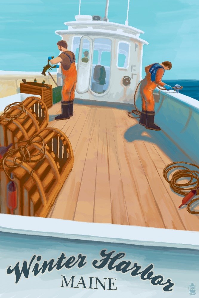 Signed 24x36 Winter Harbor Maine Lobster Boat Art Print - Coastal Wall Decor for Living Room, Office & Nautical Theme Spaces