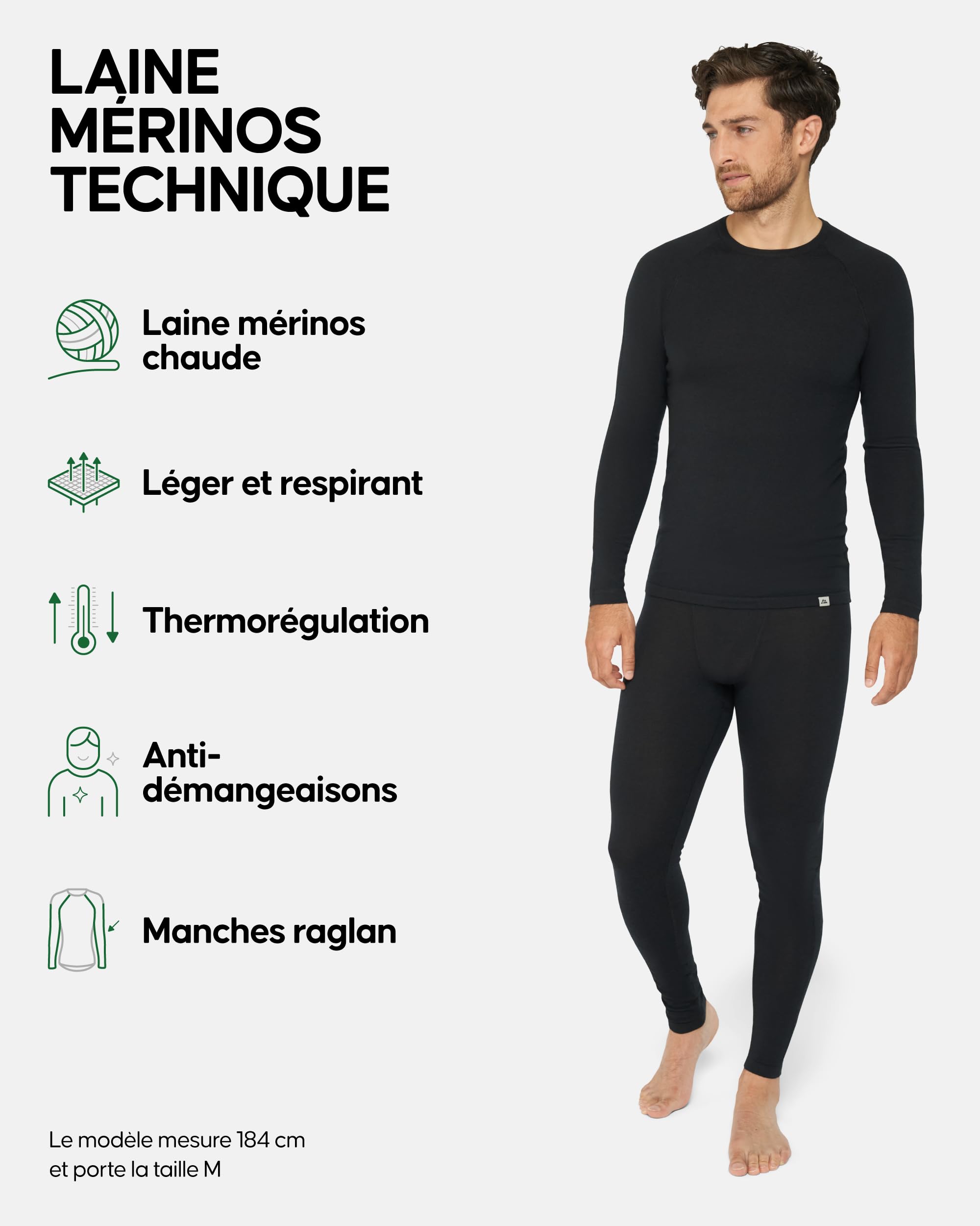 DANISH ENDURANCE Men's Merino Wool Thermal Underwear Set - Base Layer Top & Bottom for Winter, Cold Weather & Outdoor Activities - Hiking, Skiing, Camping & Snow Sports