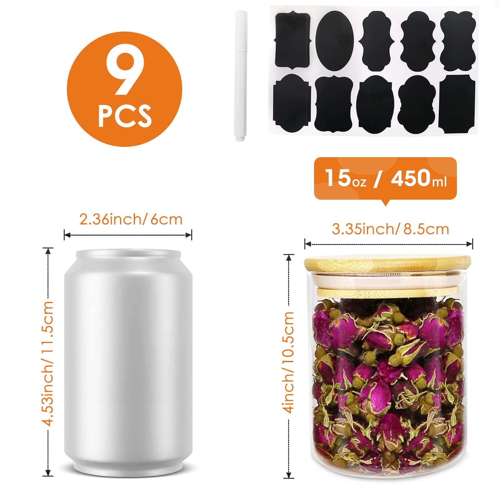 15oz Glass Jars with Airtight Bamboo Lids - 9 Pack Small Food Storage Containers for Kitchen Pantry Organization | Perfect for Storing Tea, Coffee, Candy, Cookies, Nuts & Spices | Ideal for Home, Office & Gift Giving