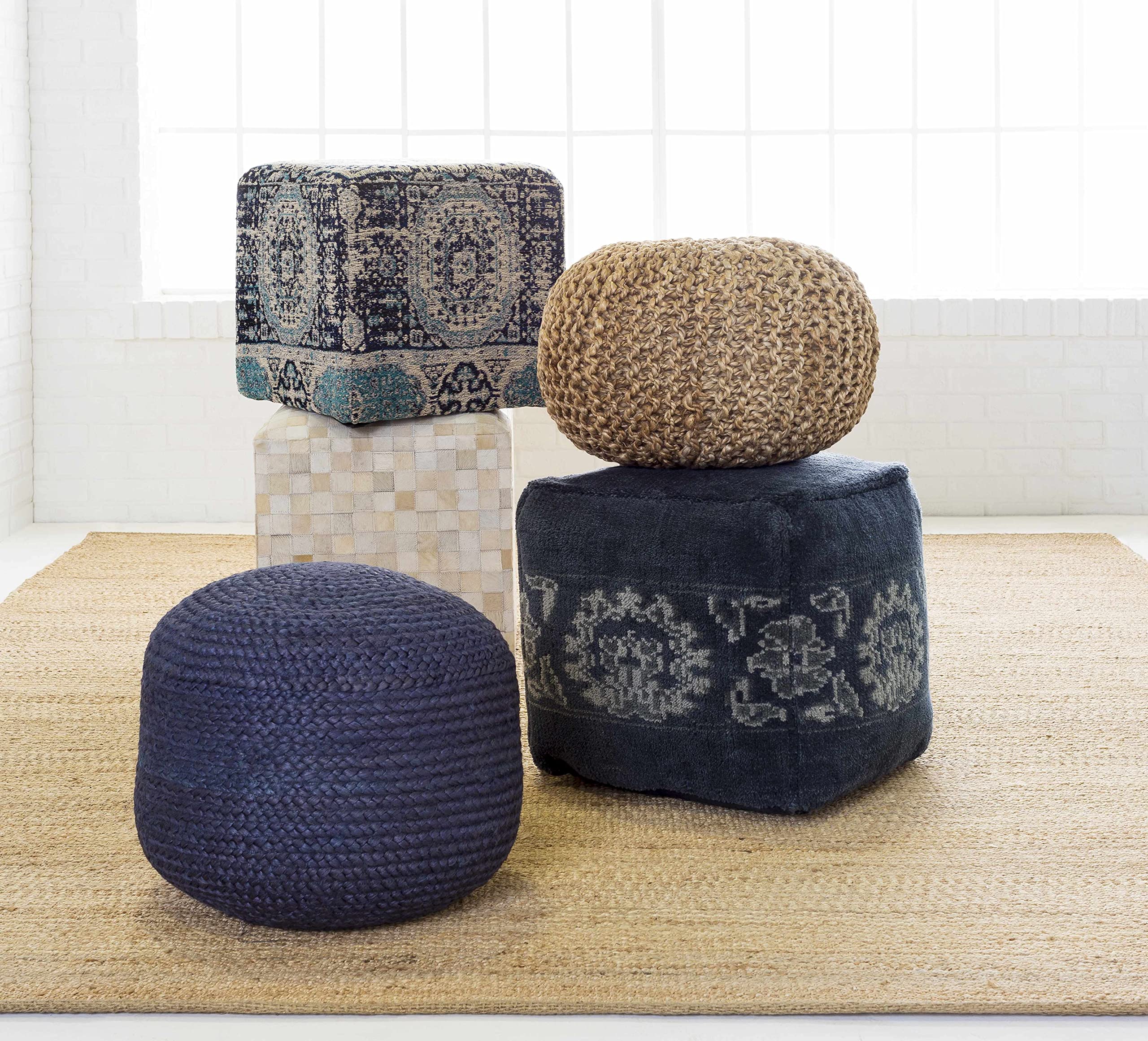 Hauteloom Gail Natural Wicker Jute Round Pouf Ottoman - Braided Woven Foot Stool with 100% Polybead Fill - Dark Blue Cylinder Ottoman 19.75