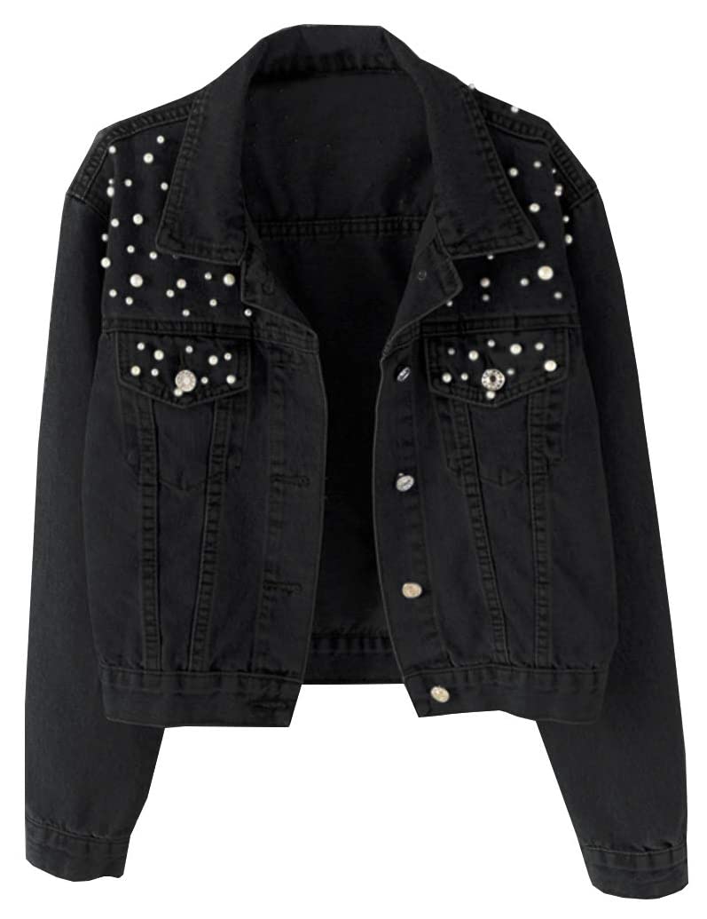 Women's Embroidered Denim Jacket with Rivets & Pearls - Stylish Short Jean Jacket for Casual Outfits & Spring Layering