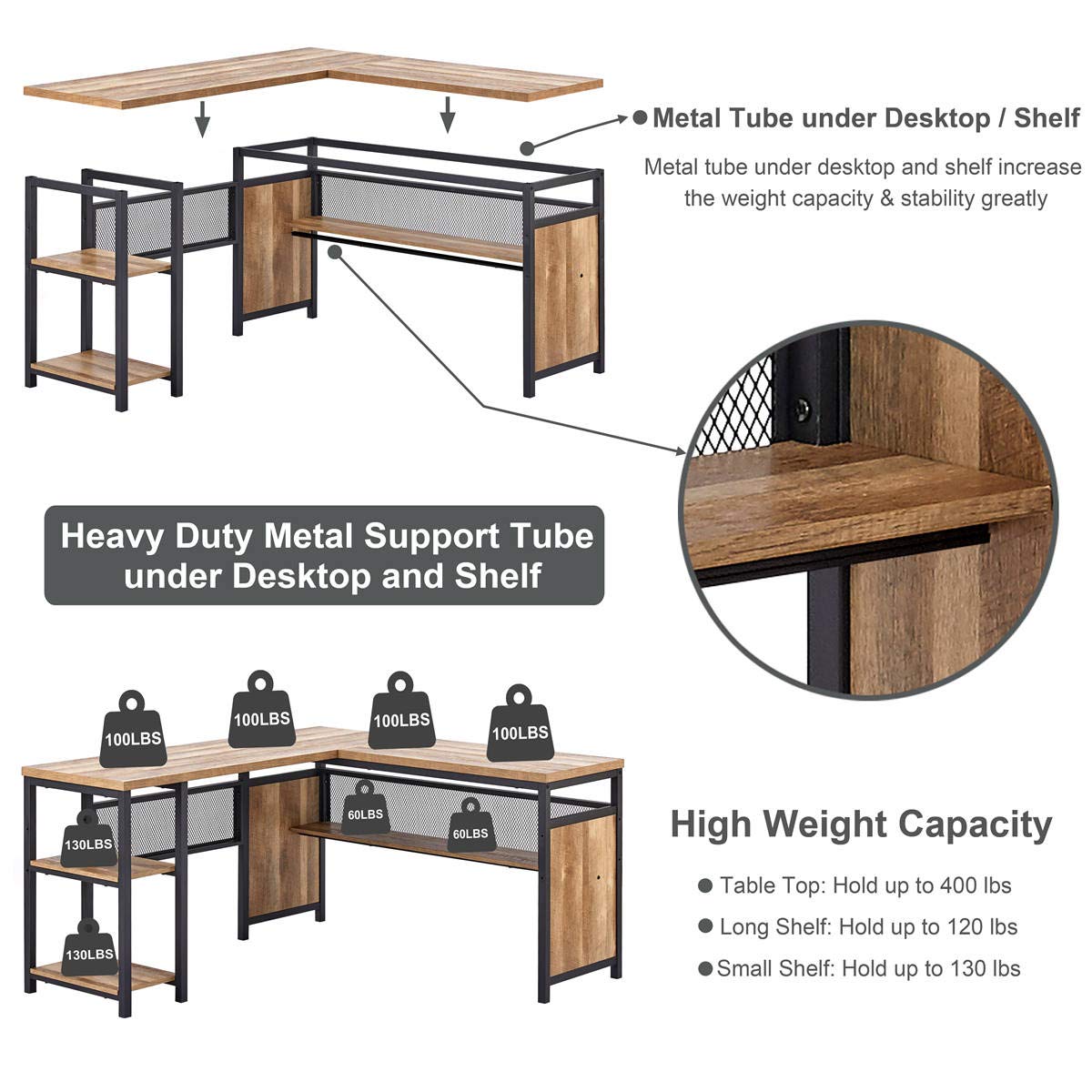 FATORRI 59 Inch L-Shaped Computer Desk with Wood Shelves - Industrial Rustic Home Office Corner Desk with Sturdy Metal Legs (Rustic Oak) - Perfect for Small Spaces, Gaming Setup & Remote Workstations